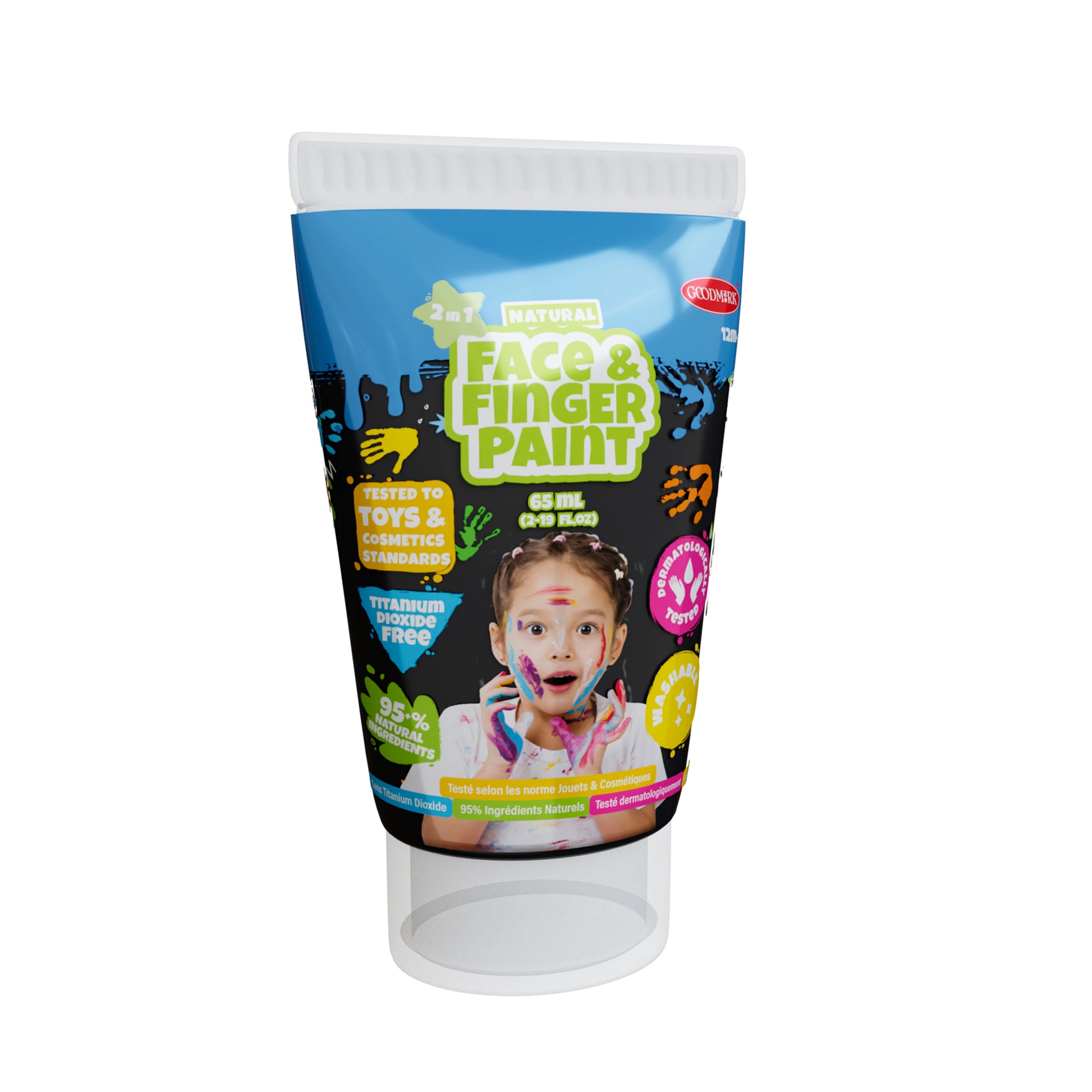 A 2.3oz tube of Boti Natural Face & Finger Paints, showcased in a 24pcs display, features a child with vibrant face art and highlights being titanium dioxide free, 99.5% natural ingredients, and tested for safety.