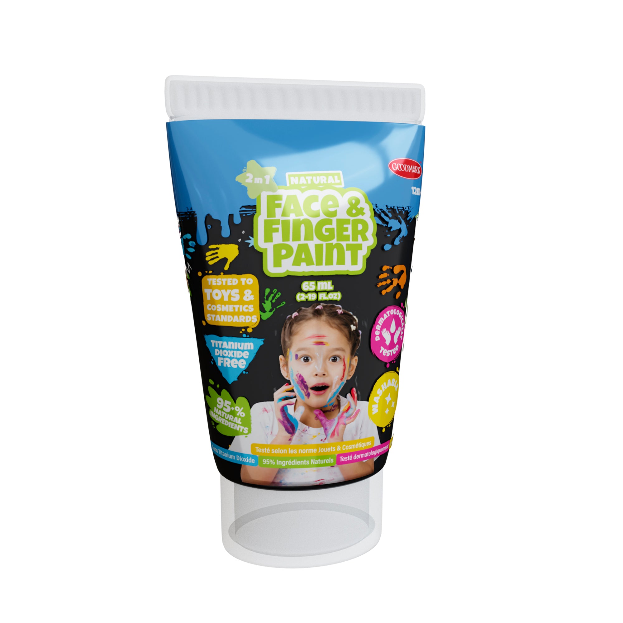 A 2.3oz tube of Boti Natural Face & Finger Paints, showcased in a 24pcs display, features a child with vibrant face art and highlights being titanium dioxide free, 99.5% natural ingredients, and tested for safety.