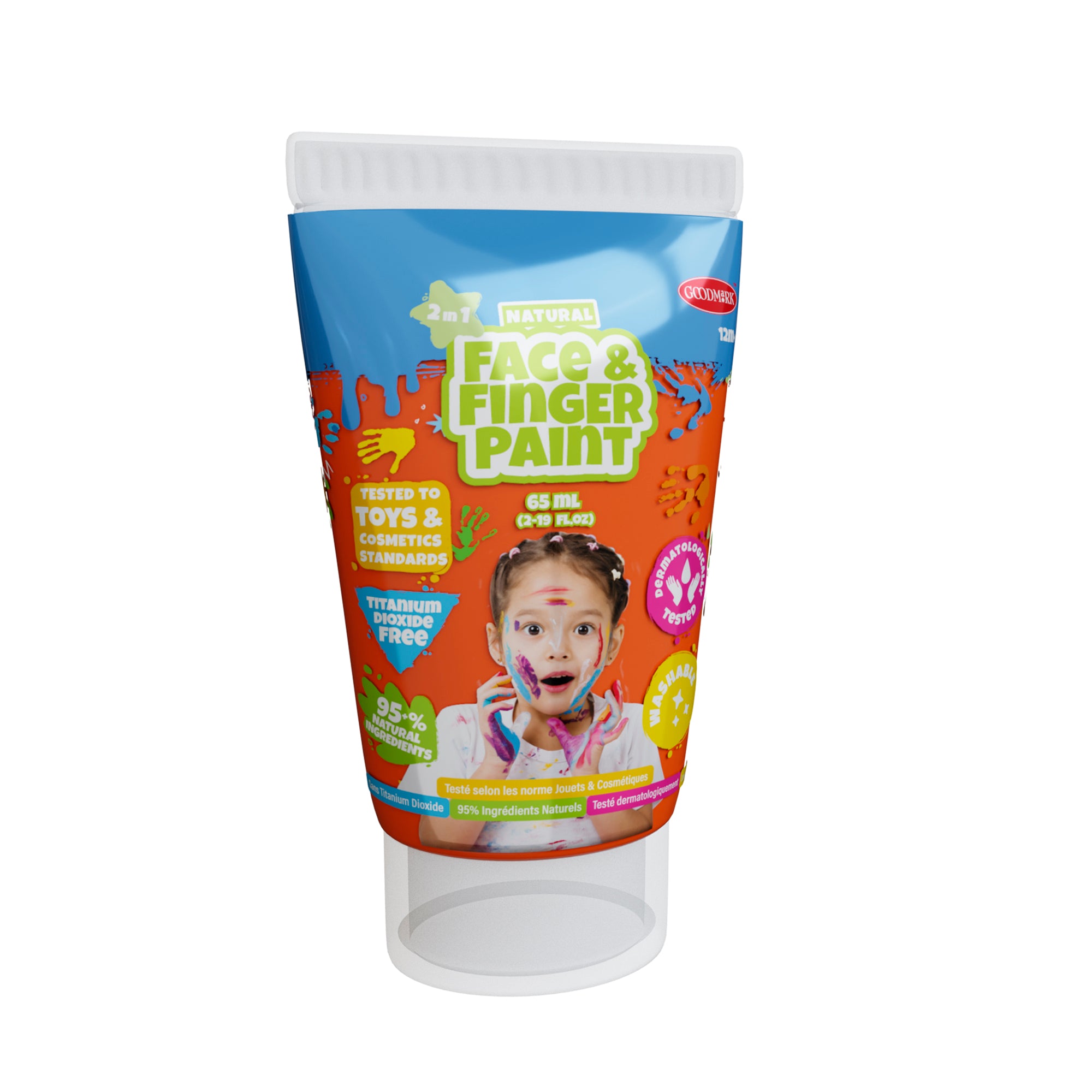 A 2.3oz tube of Boti Natural Face & Finger Paints for ages 2+, shown with a face-painted child. The 24pcs display packaging highlights non-toxic, skin-safe, titanium dioxide-free paint made with 95% natural ingredients.