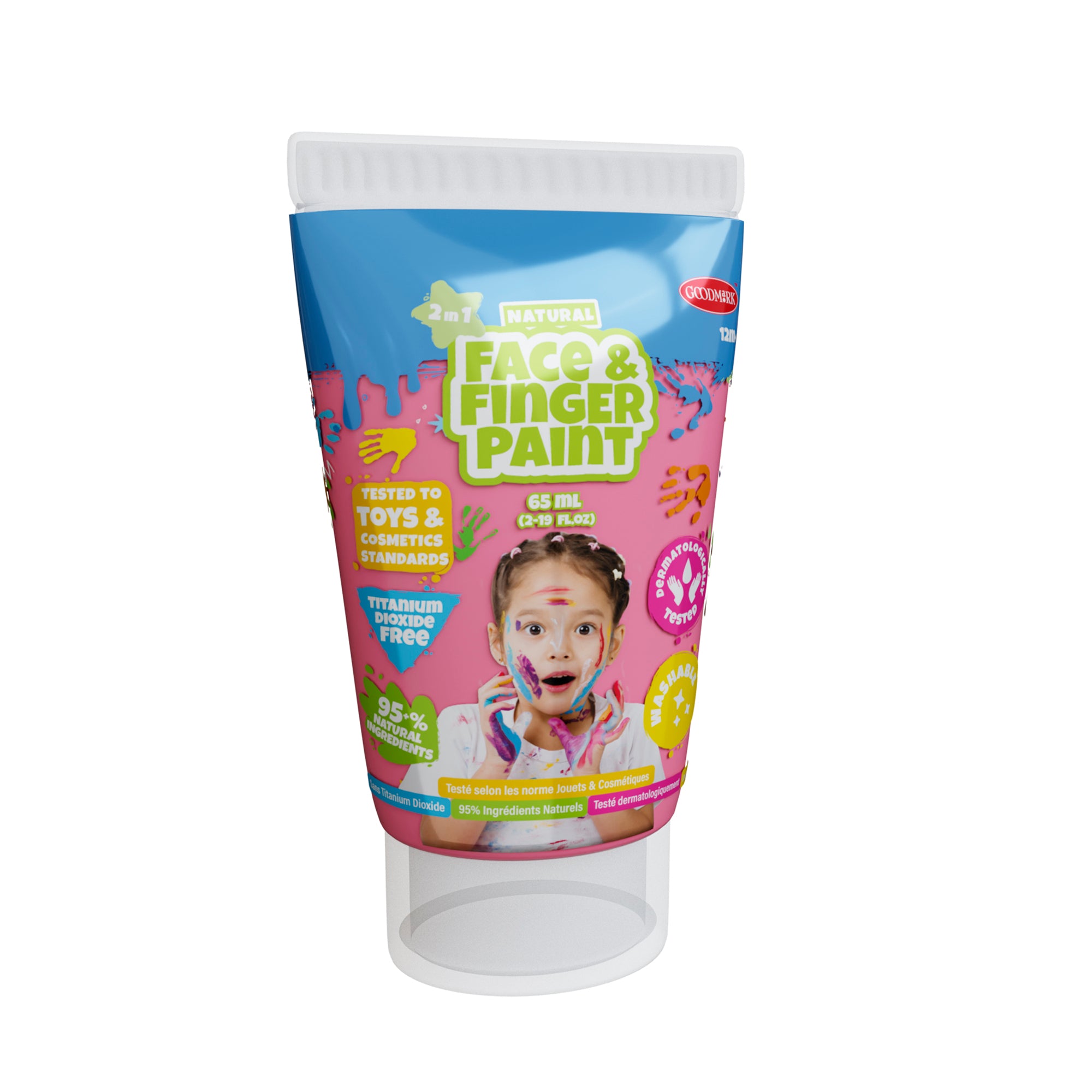 A 2.3oz tube of Boti Natural Face & Finger Paints, shown in a 24pcs display, features a child on the front and is face painting tested, titanium dioxide free, 95% natural ingredients, and made with skin-safe paints.