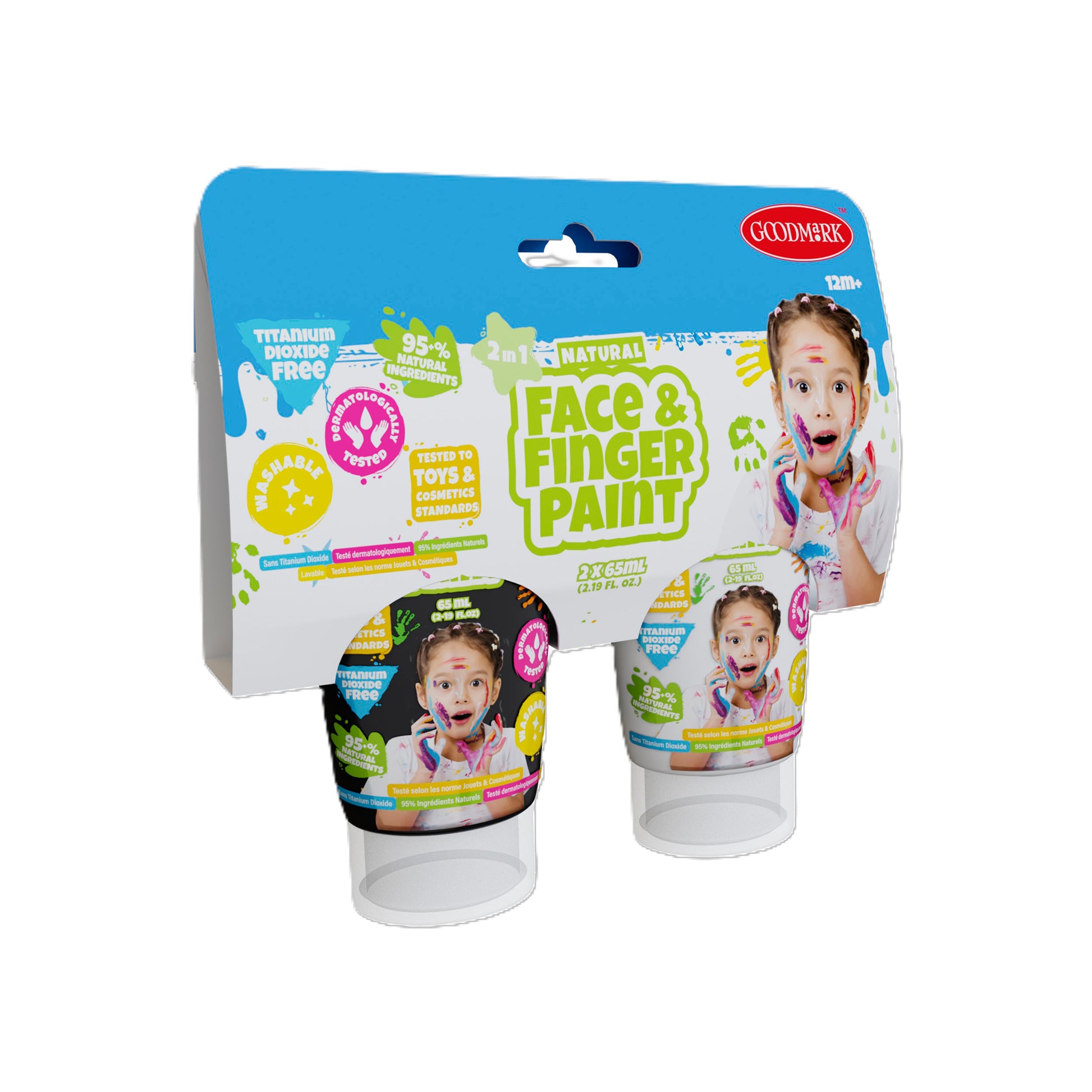 Two 2.3oz Boti Natural Face & Finger Paint 2-Pack Asst. in colorful packaging with a painted child and “Titanium Dioxide Free” text, ideal for creative projects and tested to toy and cosmetic standards.