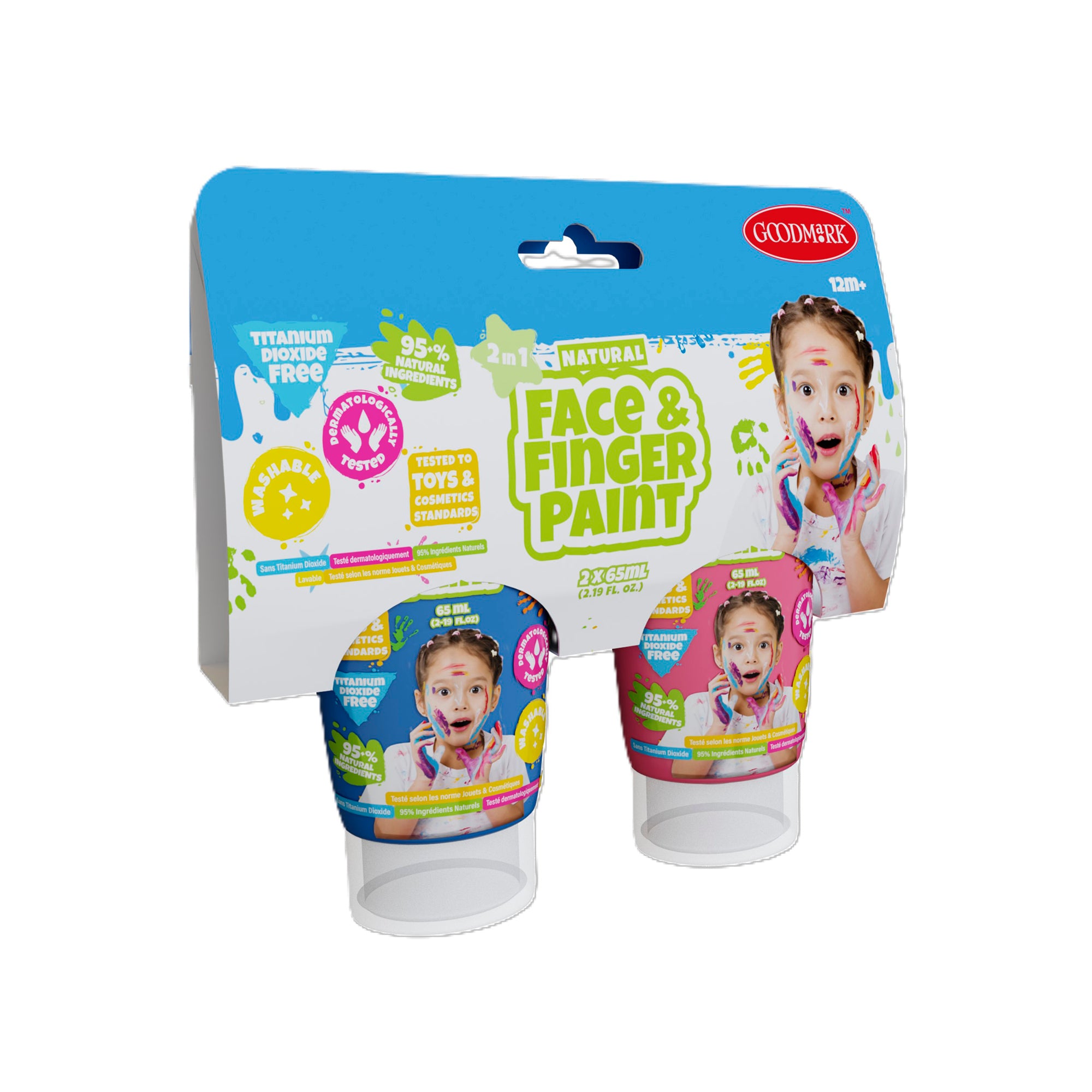 Two packs of Boti 2.3oz Natural Face & Finger Paint (Blue & Pink) are shown in a cardboard holder featuring a surprised child with painted hands and face—ideal for kids' creative art projects.
