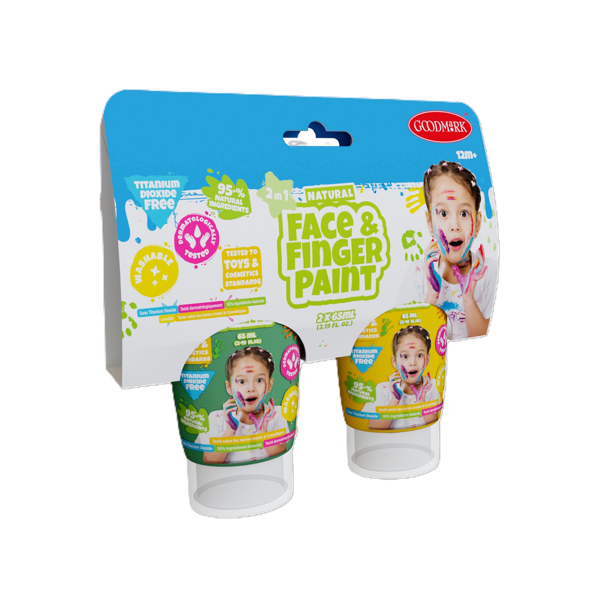 Two small tubs of Boti 2.3oz Natural Face & Finger Paint 2-Pack Asst. in colorful packaging with a surprised child—titanium dioxide free, 95% natural, perfect for creative art projects and fun with toys.