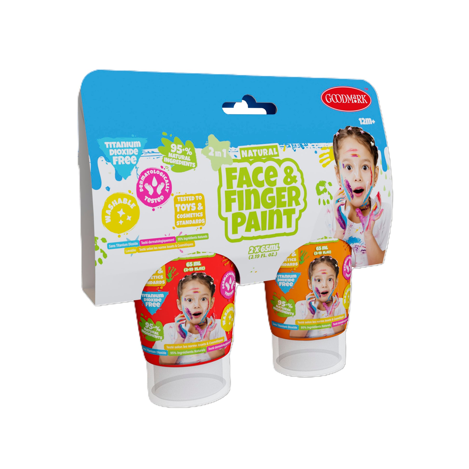 Packaging of Boti 2.3oz Natural Face & Finger Paint 2-Pack Asst. shows two paint containers, a smiling child’s face on the label, and icons for “titanium dioxide free” and “95% natural ingredients”—ideal for creative art projects.
