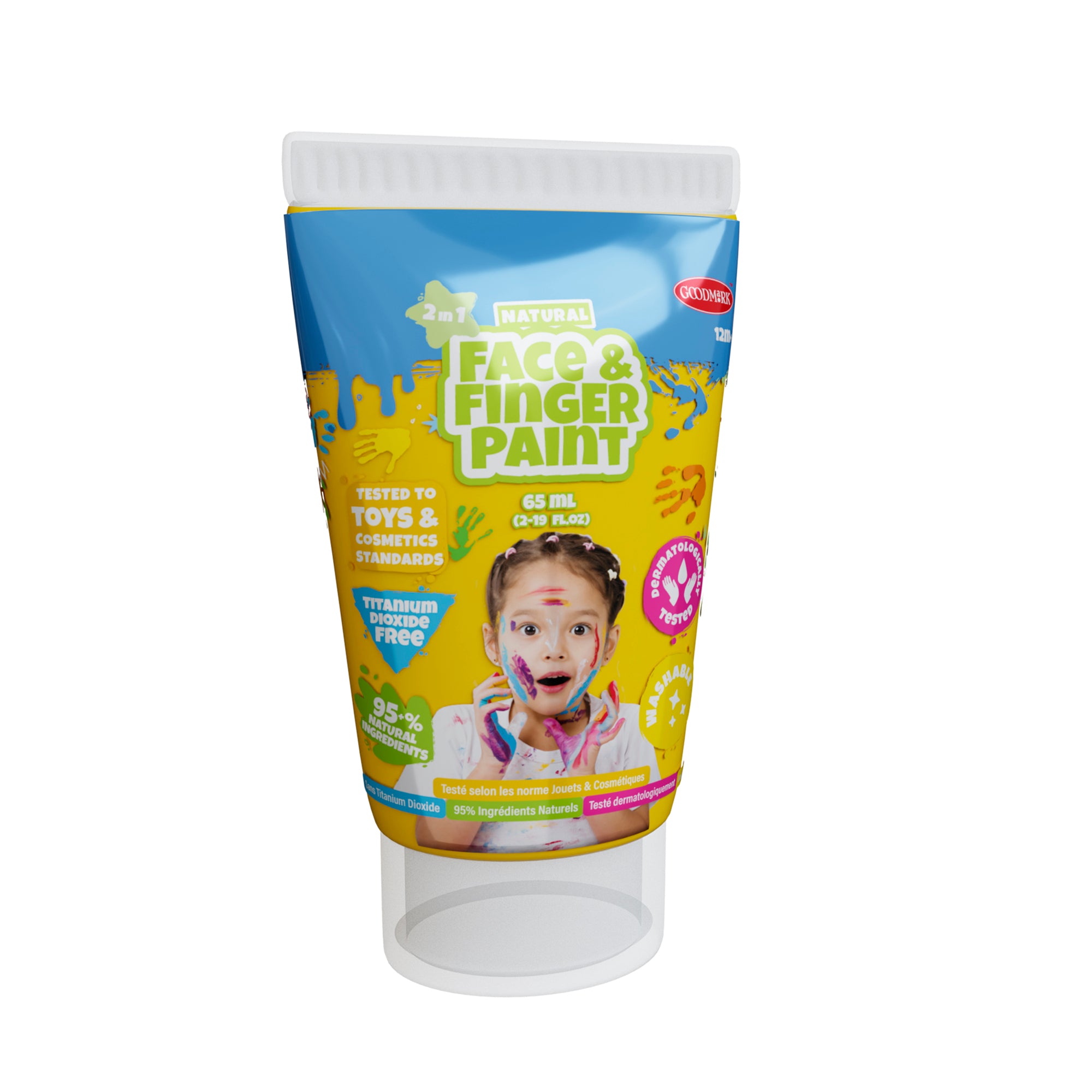 The Boti 2.3oz Natural Face & Finger Paint 2-Pack Asst. features non-toxic, safety-tested colors for kids. The pack shows a child with painted hands and face—perfect for creative art projects at home or school.