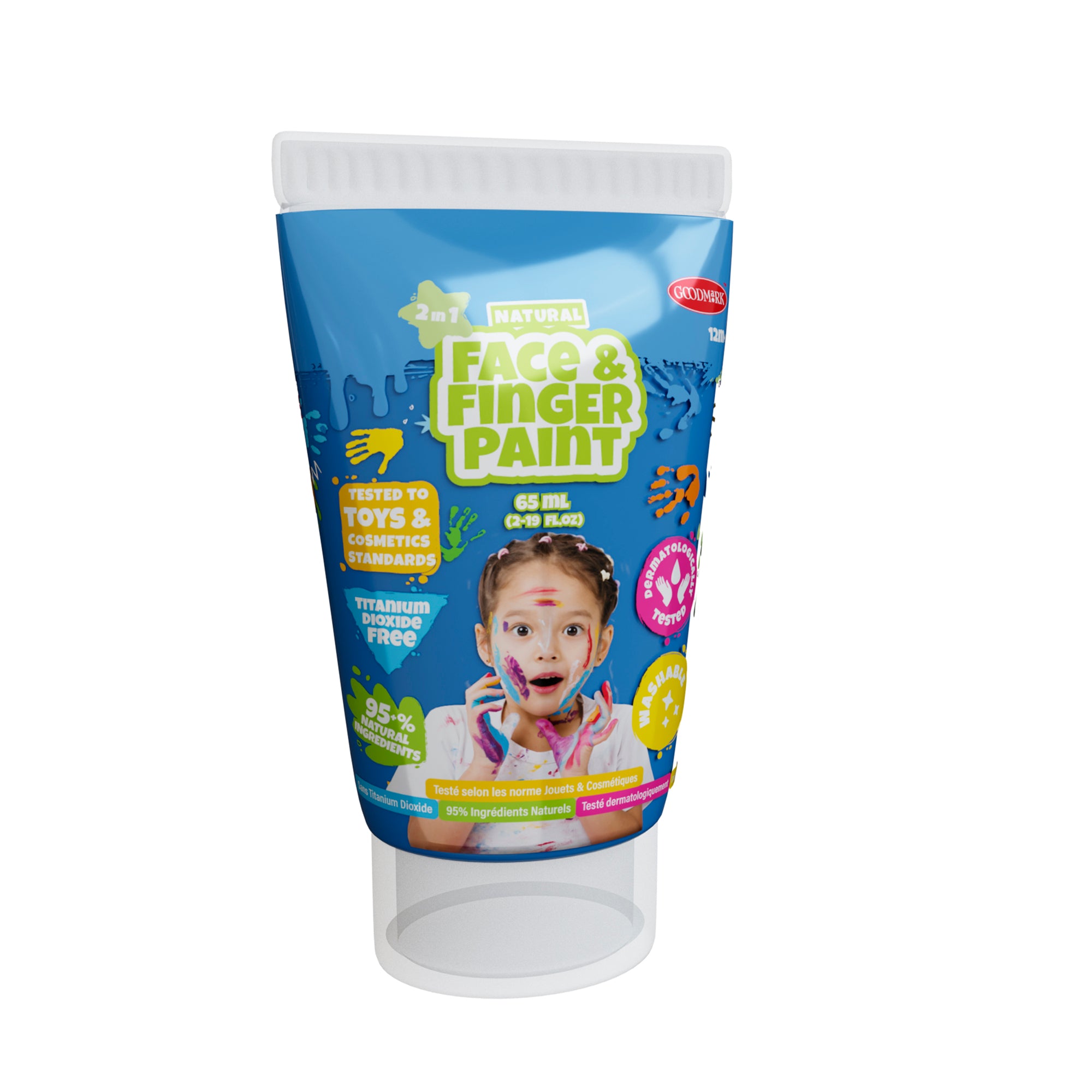 A blue tube of Boti 2.3oz Natural Face & Finger Paint 2-Pack Asst., with a child with painted cheeks on the label. Safe for kids' art, it’s hypoallergenic, titanium dioxide free, and meets toy safety standards.