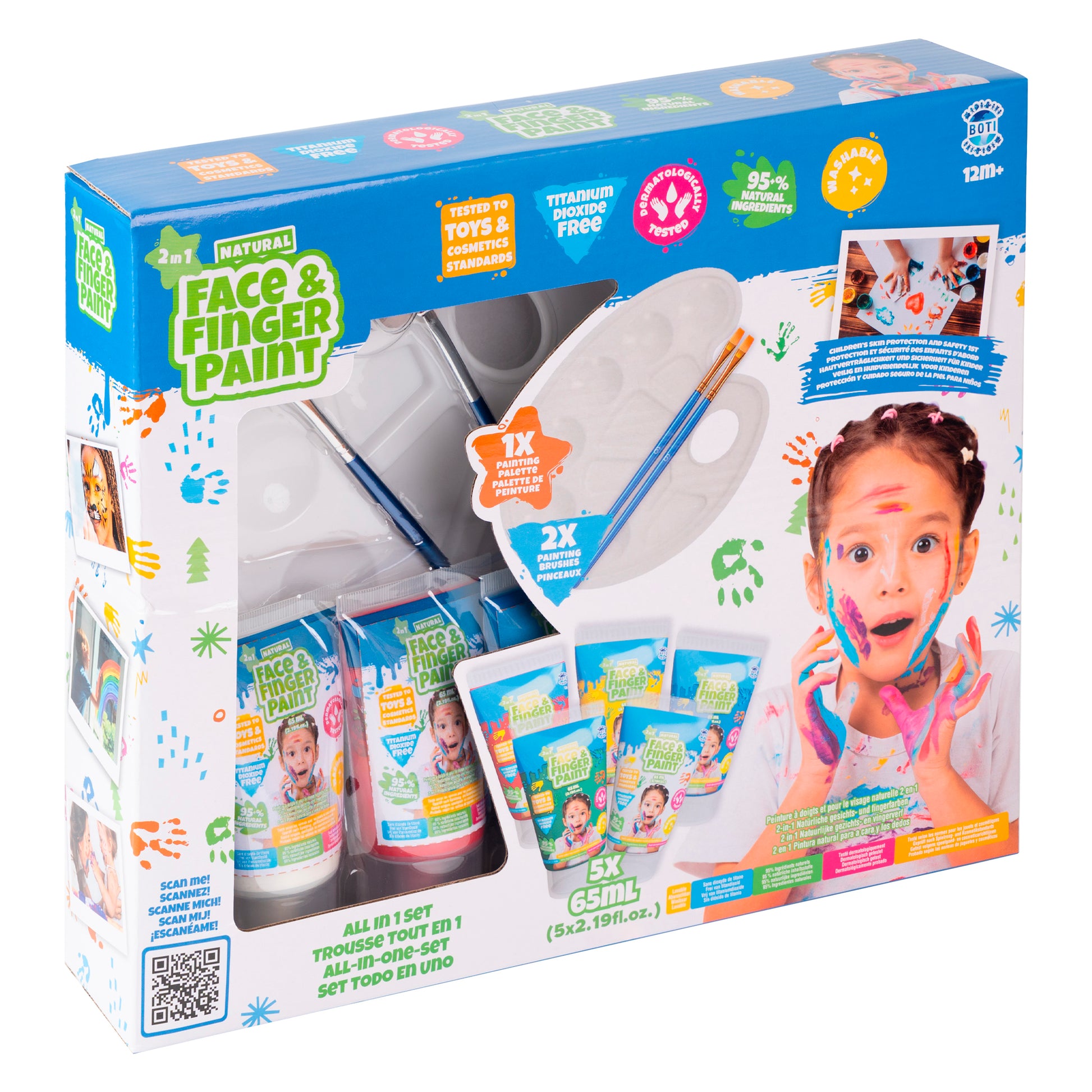 The Boti Natural Face & Finger Paint All in One Paint Set includes bright, skin-safe, non-toxic, and washable paints with bottles, brushes, and palettes. Packaging features a smiling child with a painted face and hands.