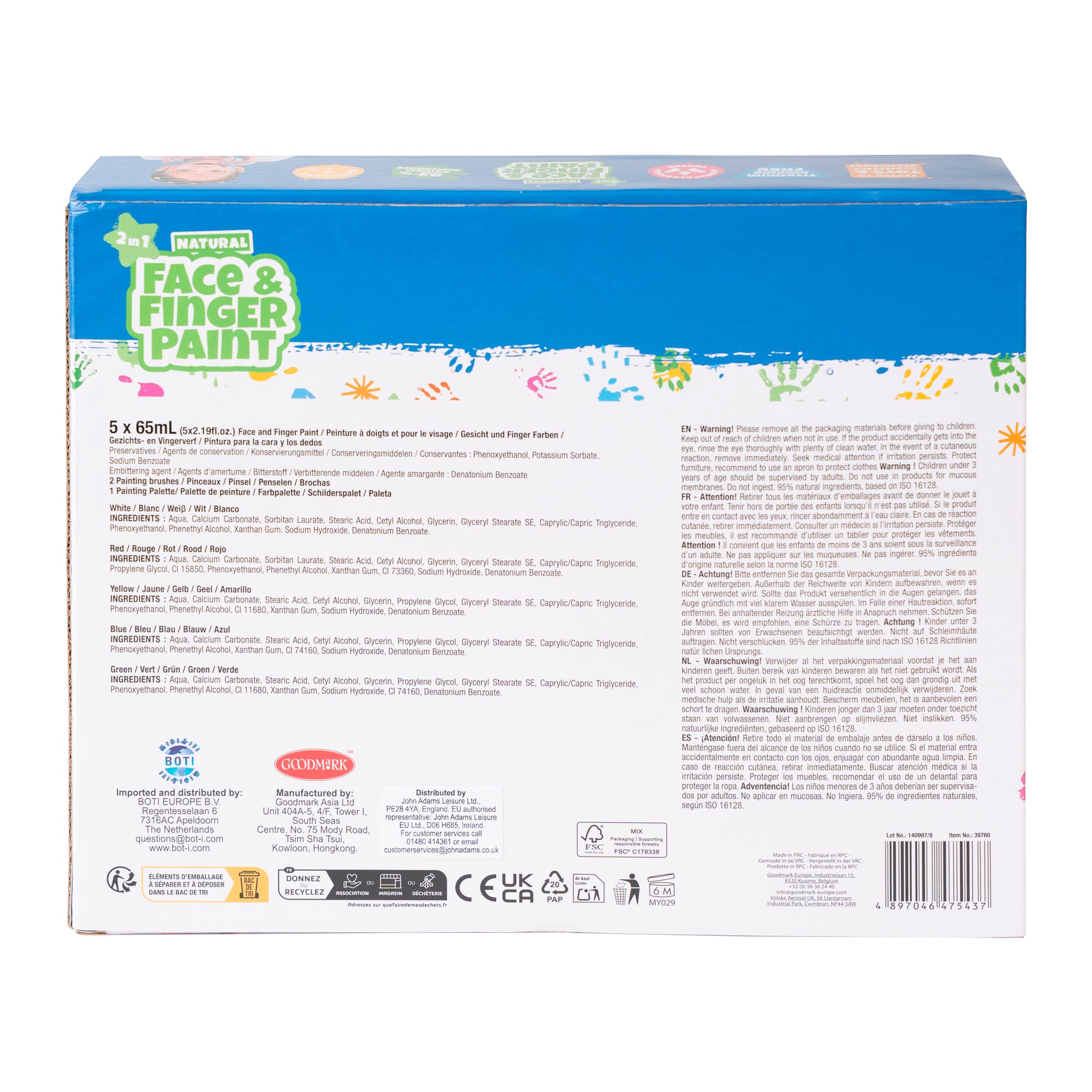 The back of a Boti Natural Face & Finger Paint All in One Paint Set box features product details, ingredients, directions, safety certifications, and manufacturer info on a colorful background with playful graphics, emphasizing skin-safe paints.