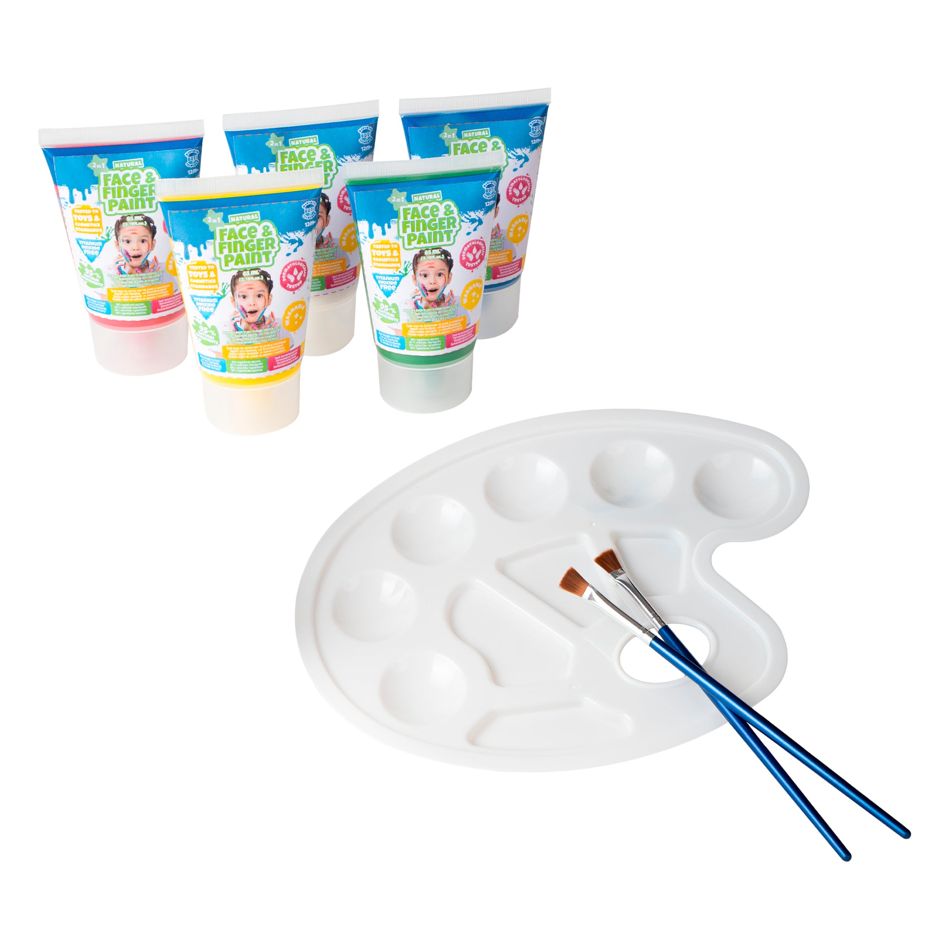 The Boti Natural Face & Finger Paint All in One Paint Set features four tubes of skin-safe paint, a white plastic palette, and two brushes on a white background—ideal for creative face and finger designs that are gentle on skin.
