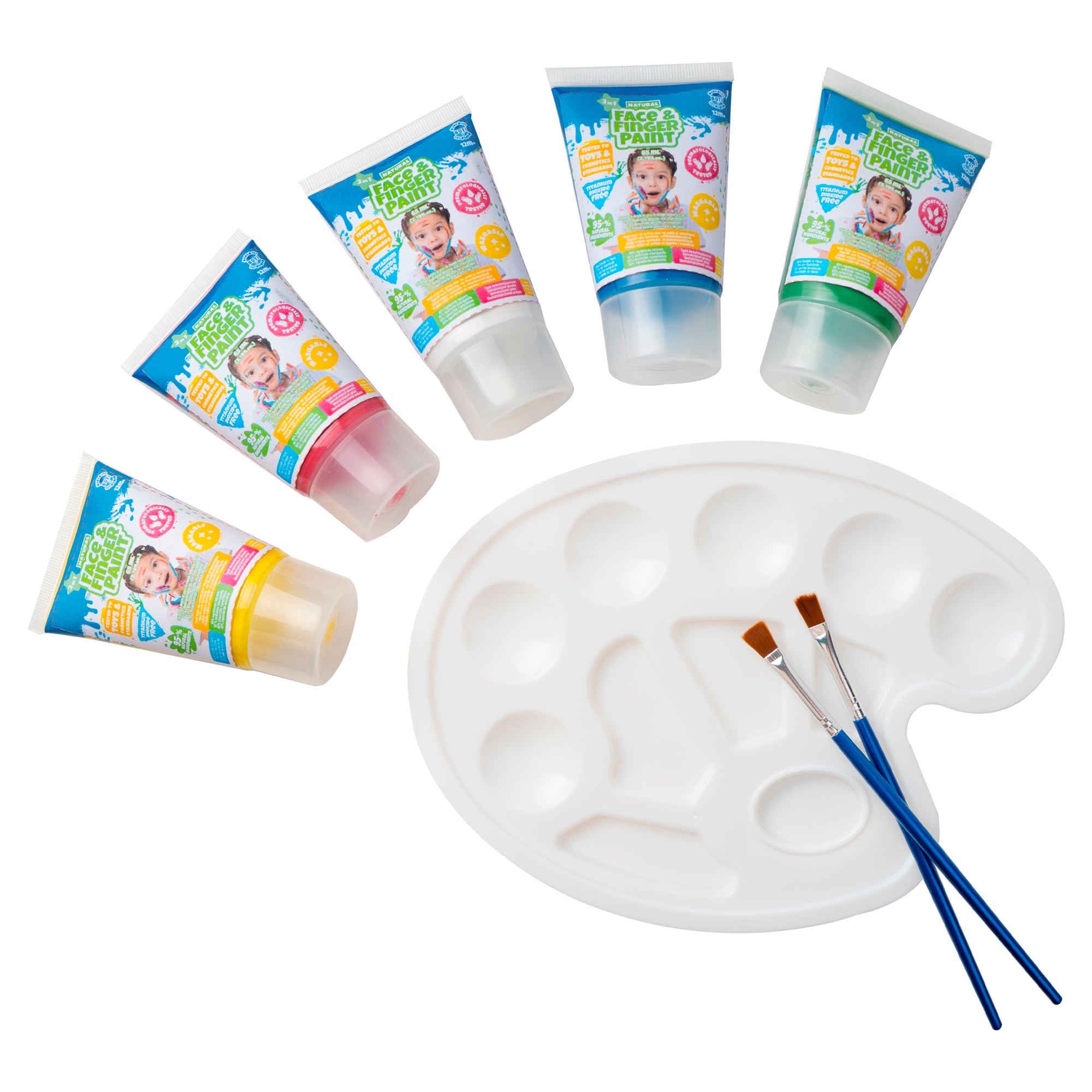 The Boti Natural Face & Finger Paint All in One Paint Set includes five tubes of skin-safe paint, a white plastic painter’s palette, and two paintbrushes, all displayed on a white background.