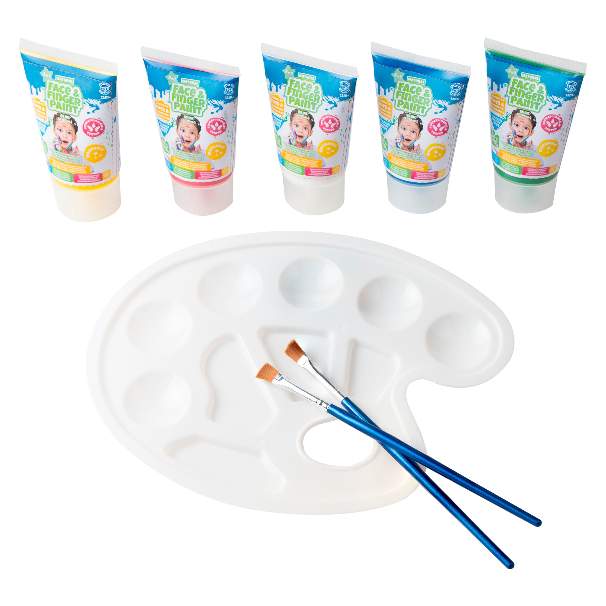 The Boti Natural Face & Finger Paint All in One Paint Set includes five tubes of skin-safe paints in assorted colors, a white plastic painter’s palette with wells, and two blue-handled paintbrushes—ideal for creative finger painting.