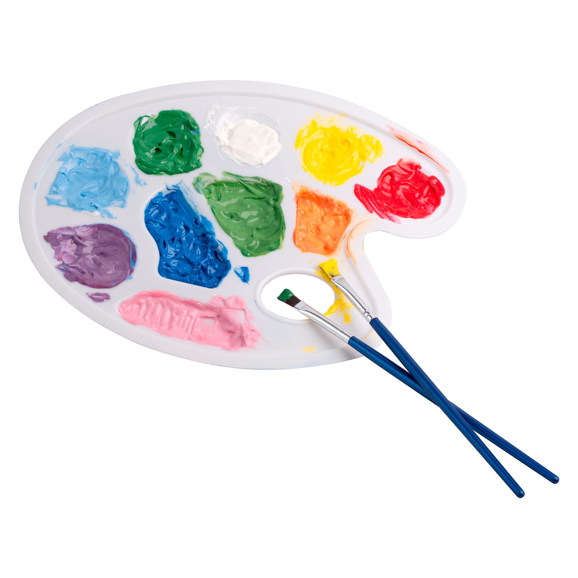 The Boti Natural Face & Finger Paint All in One Paint Set includes a plastic artist’s palette with skin-safe paints in red, yellow, green, blue, purple, orange, pink, and white, plus two paintbrushes.