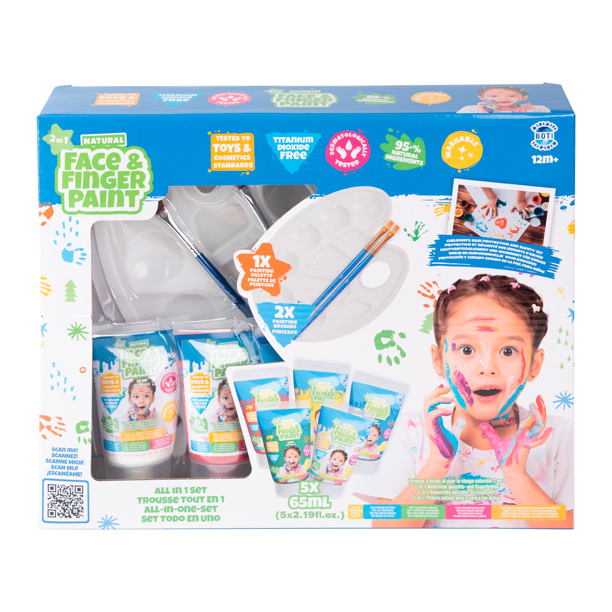 Boti Natural Face & Finger Paint All in One Paint Set includes five skin-safe paints, brushes, palette, mixing tray, and packaging featuring a surprised child with colorful face paint. Safe for ages 12 months and up.