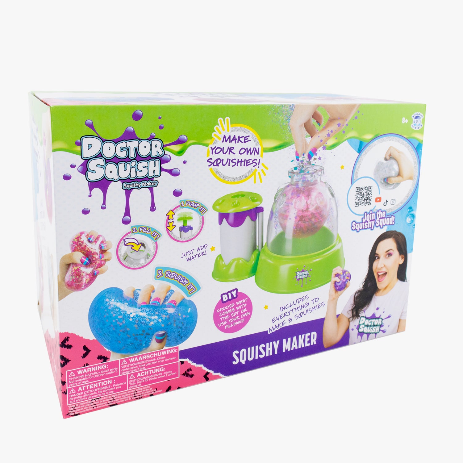 The Doctor Squish Squishy Maker Station box features the maker station, vibrant glitter squishies, and a girl with a DIY squishy. The packaging reads “Make Your Own Squishies!” and displays exciting accessories for creativity.