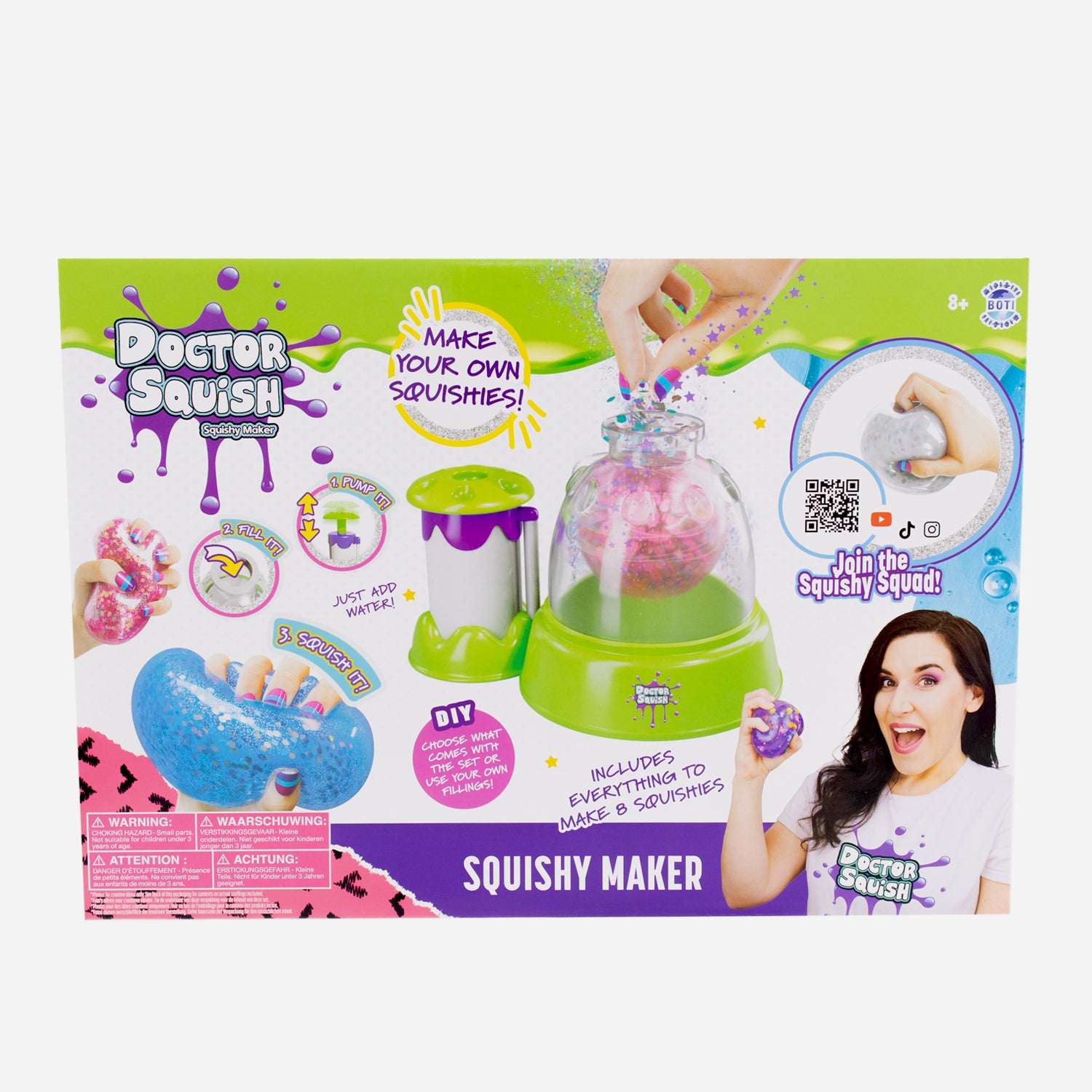 Packaging for Doctor Squish Squishy Maker Station features the Squishy Maker, glitter squishies, a woman holding a squishy, and step-by-step instructions to create your own DIY squishy toys. Text and images highlight the station’s fun features.