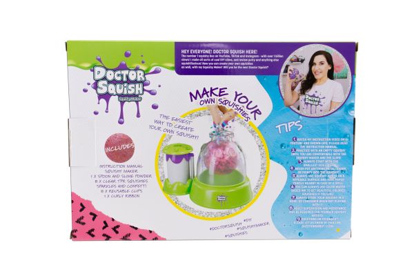 The back of a Doctor Squish Squishy Maker Station box shows its colorful contents, step-by-step squishy toy instructions, helpful tips, and an image of a woman holding a squishy toy. The kit features green, purple, and blue accents.