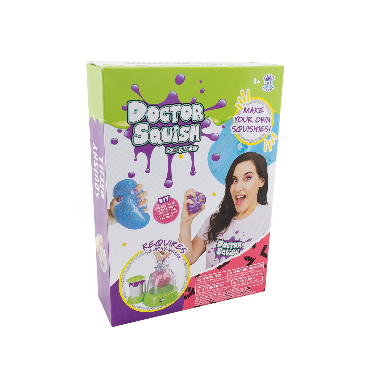 Box of Doctor Squish Squishy Maker kit in green and purple, featuring a woman with DIY squishies and text: "Make Your Own Squishies!" and "Requires Water." Pairs perfectly with the Doctor Squish Squishy Pack Refill Kit.