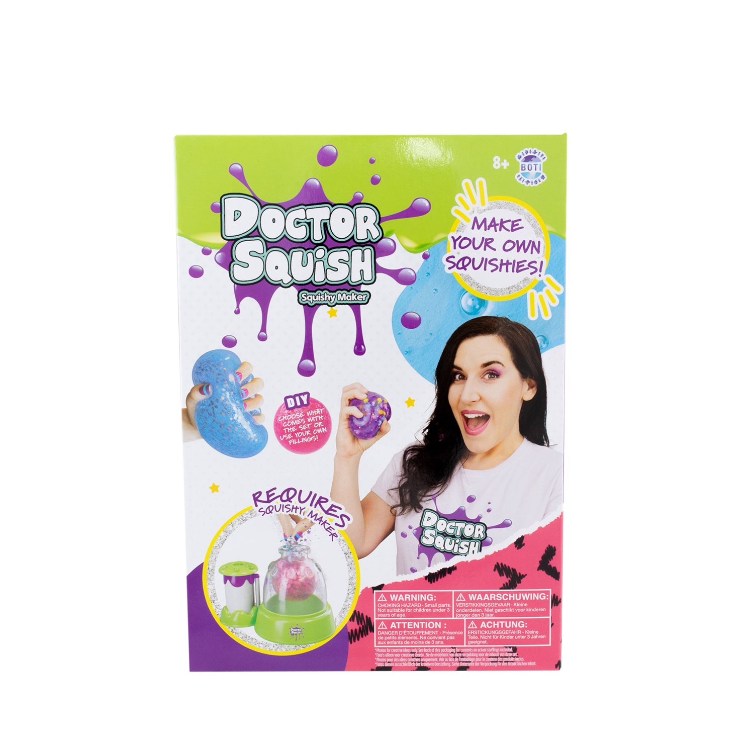Box of Doctor Squish Squishy Pack Refill Kit with a smiling woman holding a blue squishy toy, colorful graphics, and text saying "Make your own custom squishies!" Includes slime powder. For ages 8+. Requires Squishy Maker.