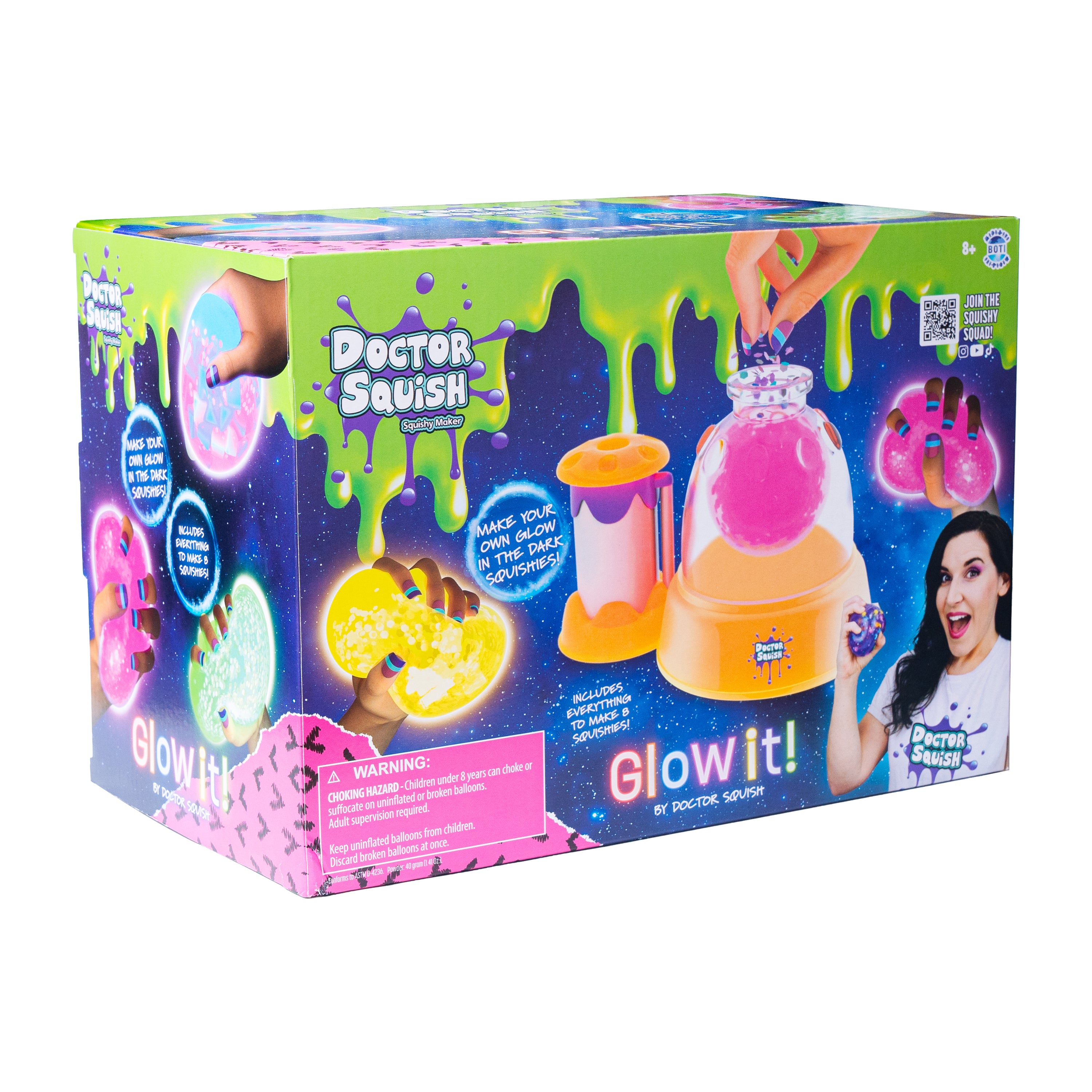 The Dr Squish Squishy Maker Station, Glow It Edition, comes in a colorful box and includes slime, glowing putty, a squishy maker device, fun accessories, playful hands imagery, and a smiling woman in a Dr Squish shirt.