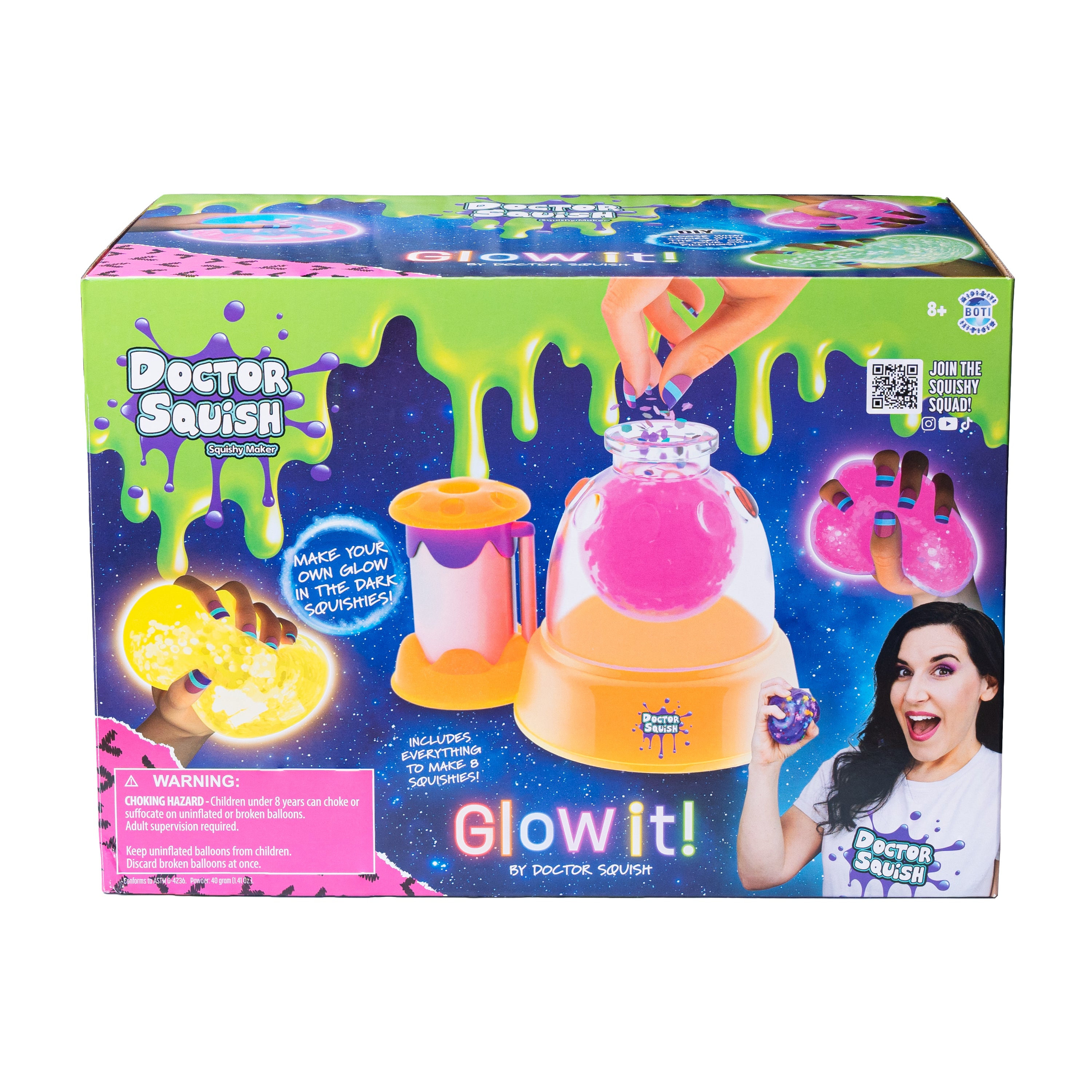 Box of the Dr Squish Squishy Maker Station, Glow It Edition, a DIY kit for making glow-in-the-dark squishies. The packaging features colorful slime designs, product photos, and a smiling girl displaying her glowing squishy creation.