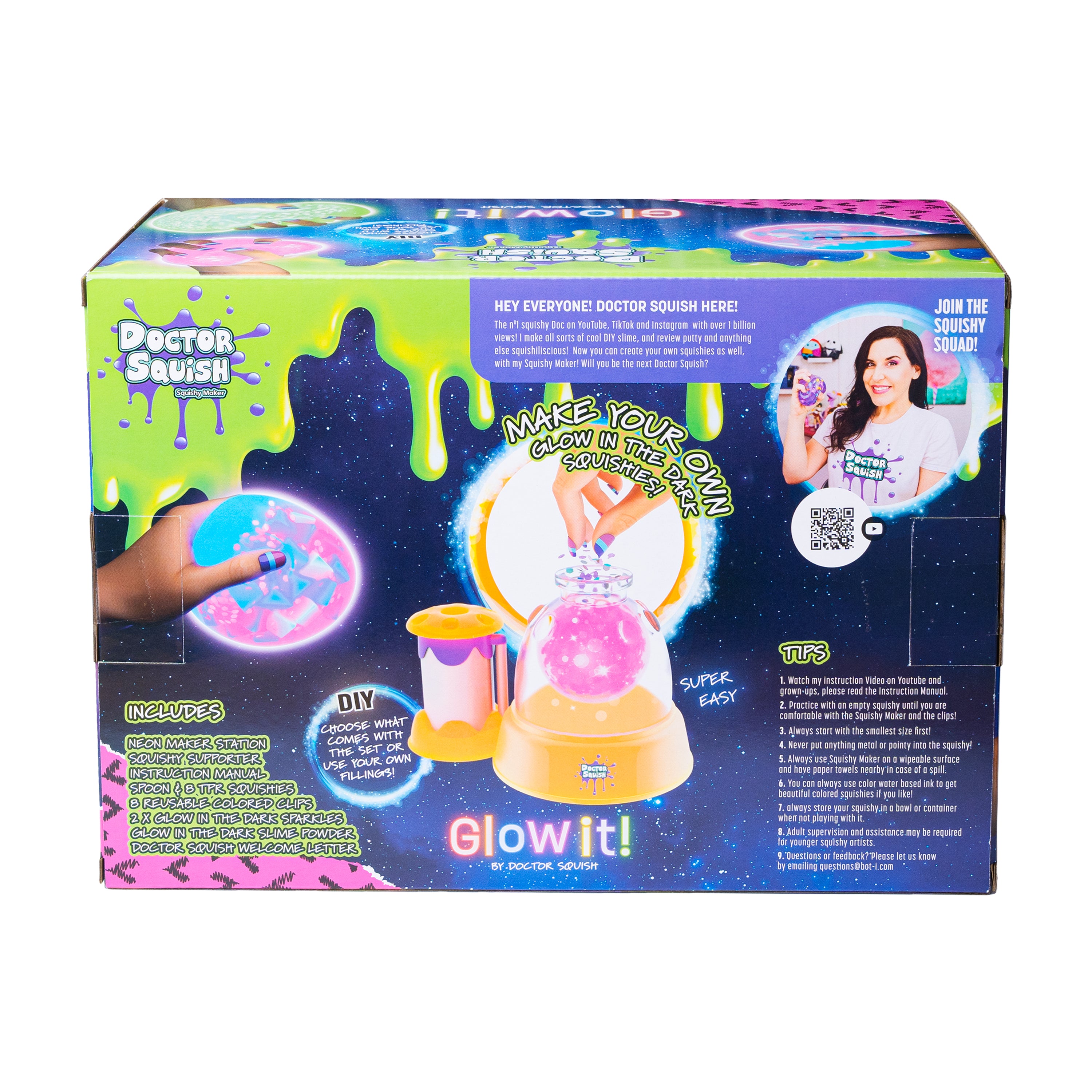 The back of the Dr Squish Squishy Maker Station, Glow It Edition box features a girl holding a glow-in-the-dark squishy, step-by-step kit images, colorful slime graphics, and text listing included items and instructions.