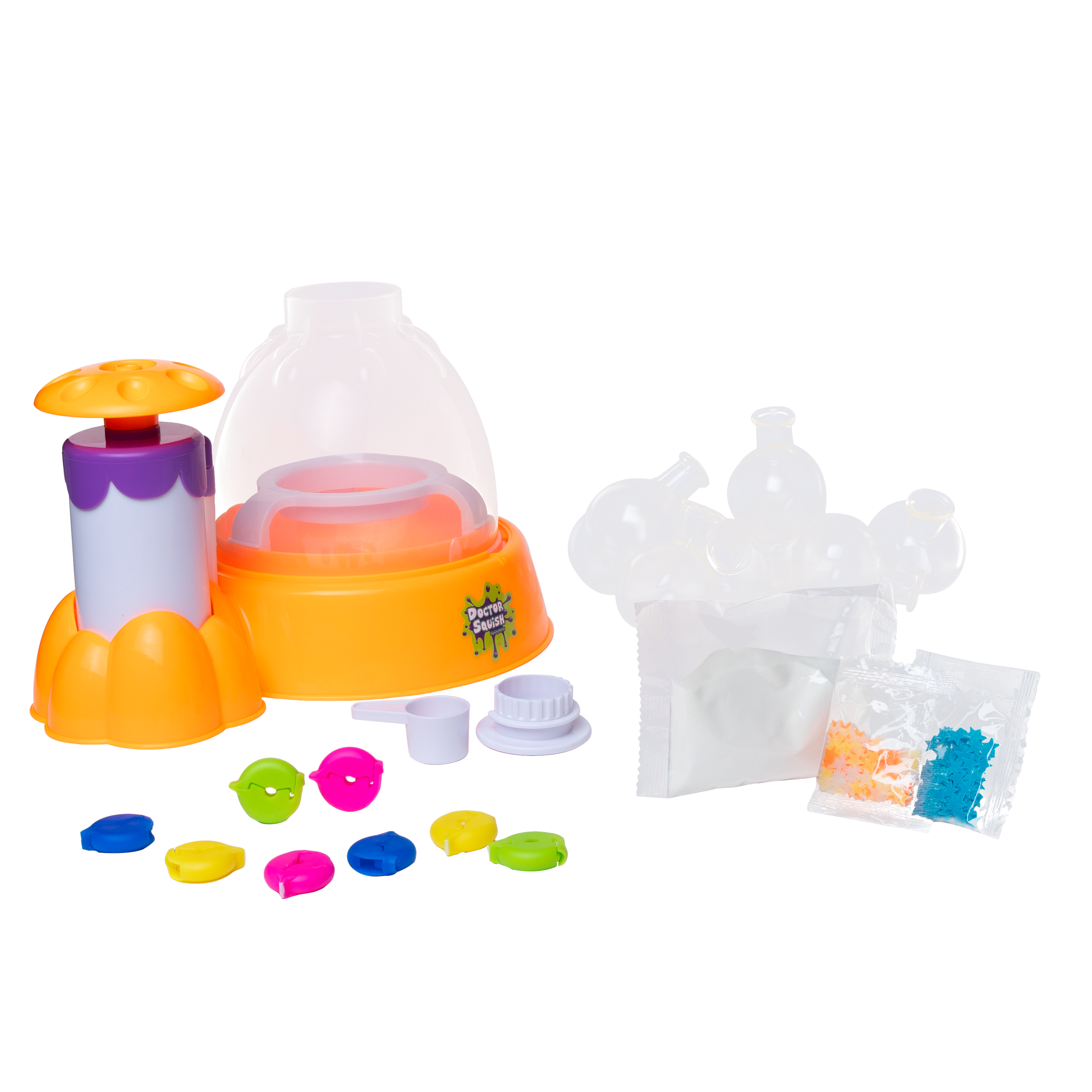 The Dr Squish Squishy Maker Station, Glow It Edition, features a yellow and purple base, clear dome, molds, scoop, bead packets, and bright caps—everything you need to make glow-in-the-dark squishies on a white background.