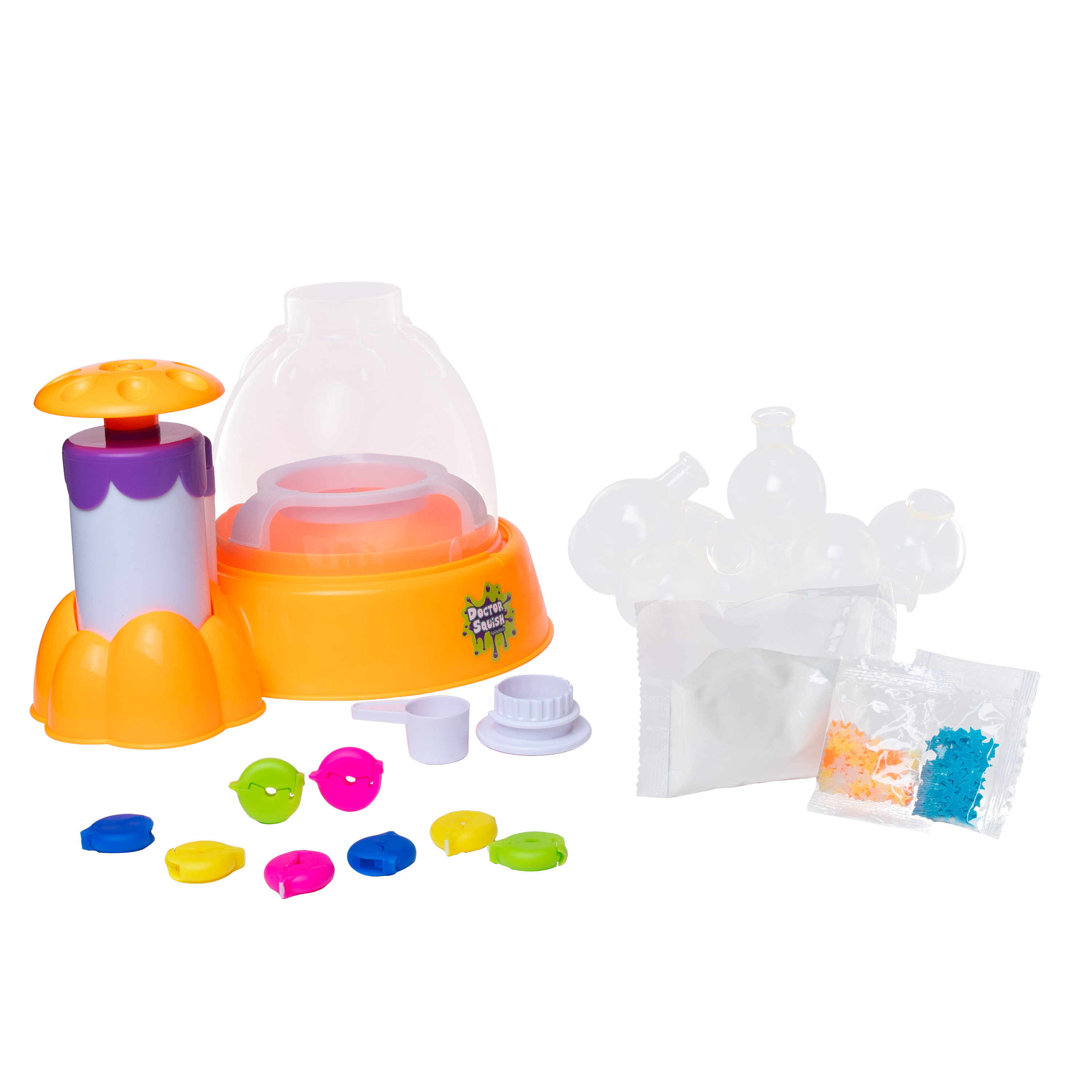 The Dr Squish Squishy Maker Station, Glow It Edition, features a yellow and purple base, clear dome, molds, scoop, bead packets, and bright caps—everything you need to make glow-in-the-dark squishies on a white background.