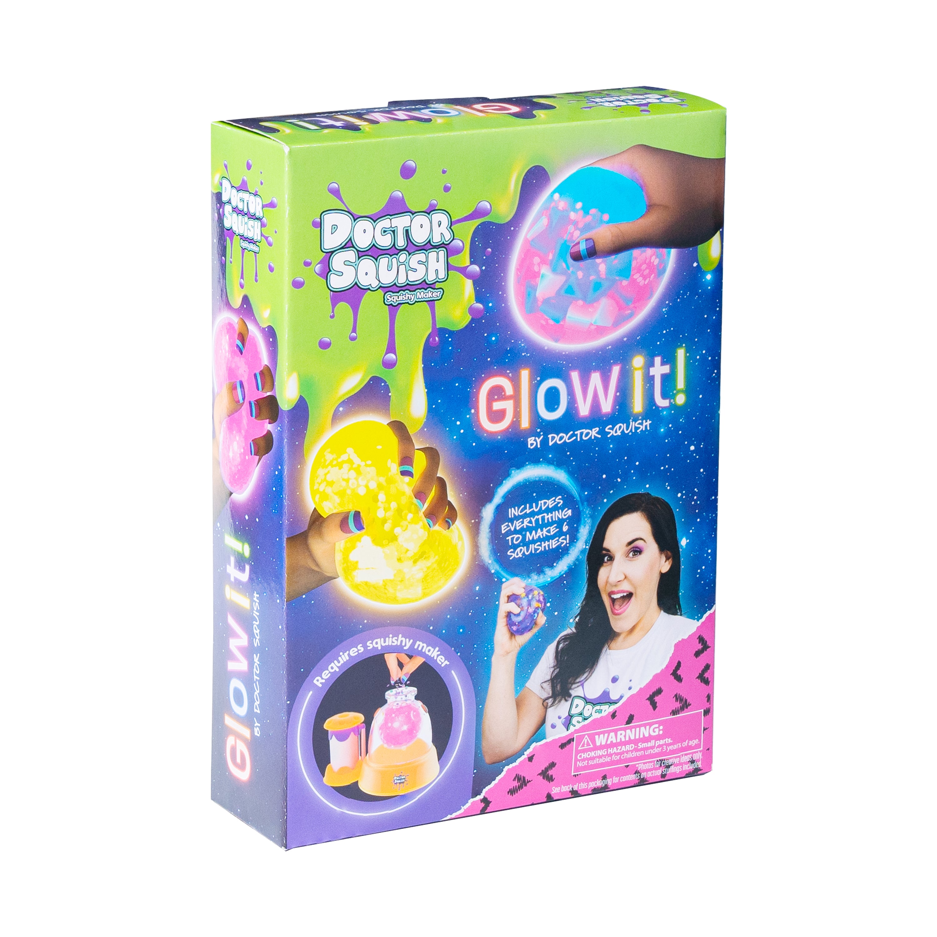 Colorful packaging of the Doctor Squish Squishy Pack Refill, Glow-It Edition, features glowing squishies, a woman holding a lit squishy ball, hands making squishies, and text highlighting the Glow in the Dark Refill Pack.