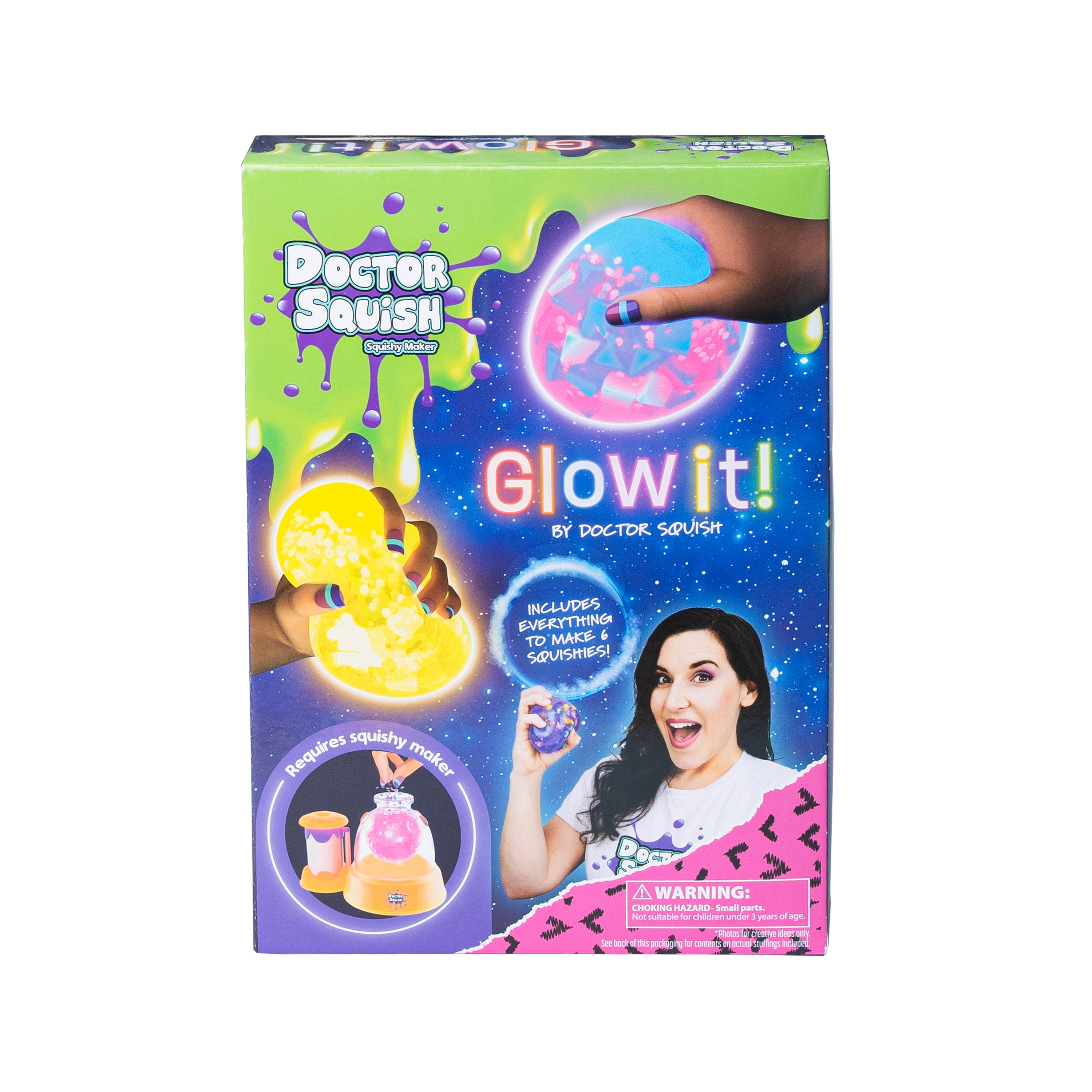 The Doctor Squish Squishy Pack Refill, Glow-It Edition box shows glowing squishy toys, a smiling woman, and the pack's contents. The front states: Includes everything to make glowing squishies!.