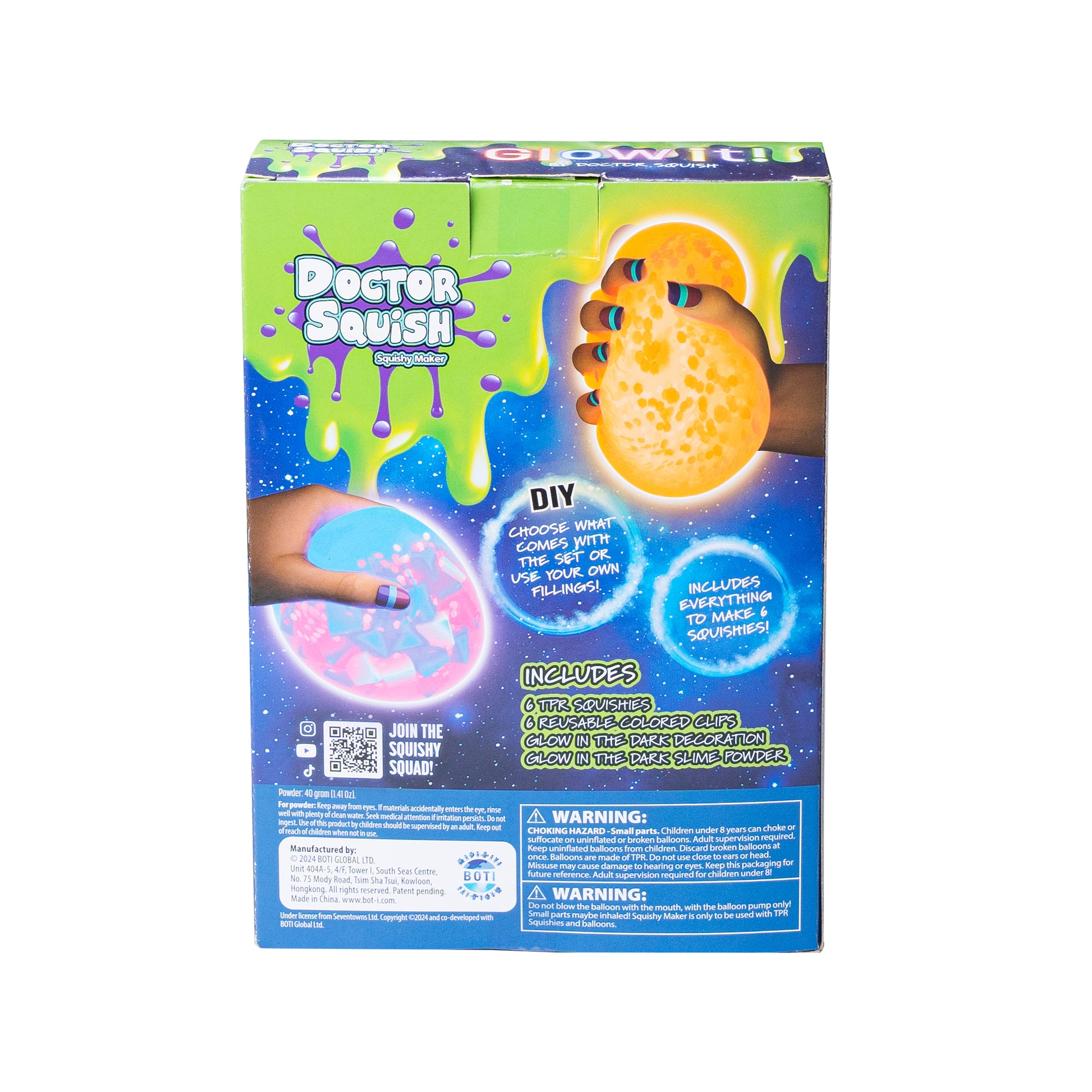 The back of the Doctor Squish Squishy Pack Refill, Glow-It Edition box features slime graphics and kids squeezing glowing squishies. Text lists kit contents, instructions, and highlights glow-in-the-dark fun. Safety warnings appear at the bottom.