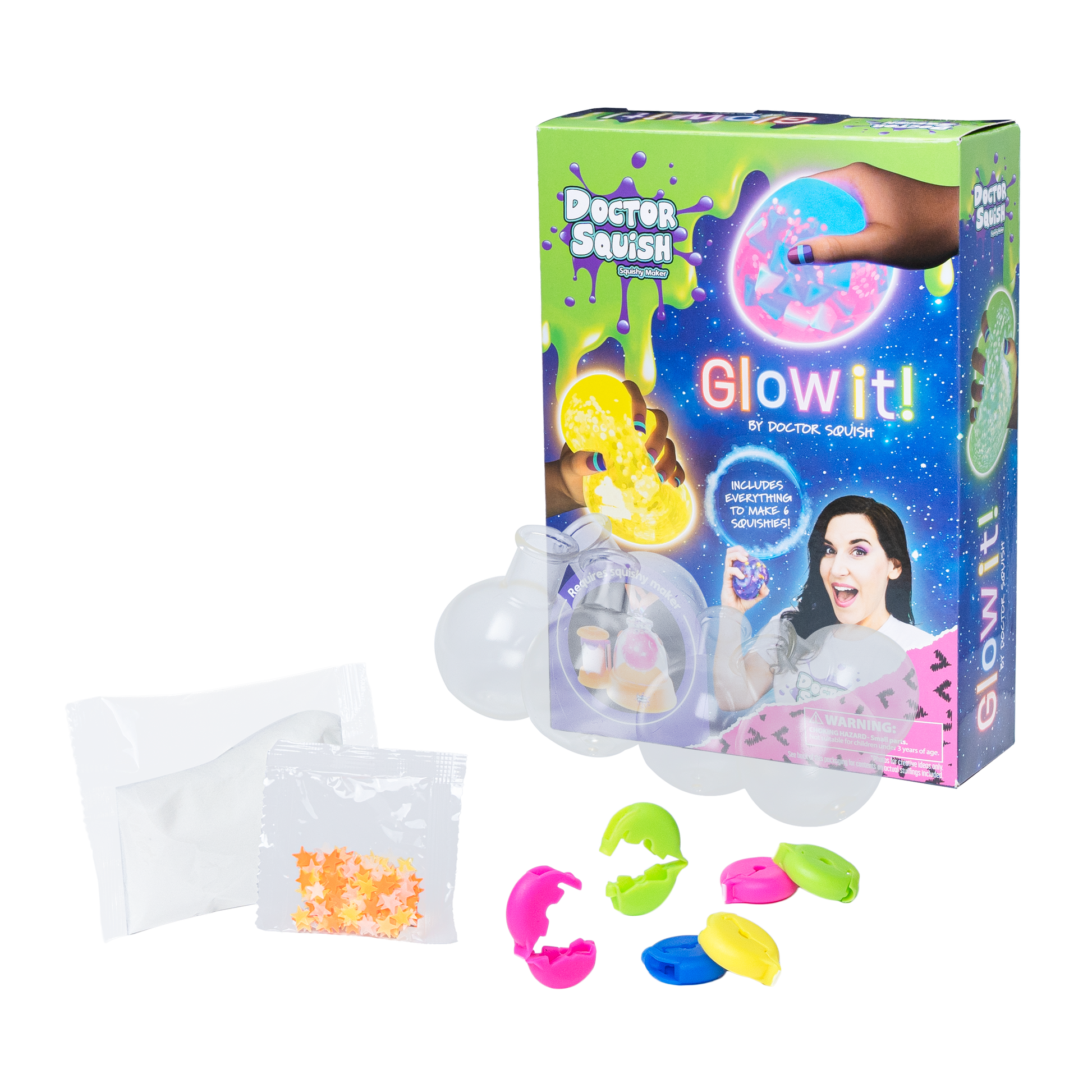 The Doctor Squish Squishy Pack Refill, Glow-It Edition features a colorful box, glow-in-the-dark squishies, clear spheres, powder packets, star confetti, and colorful capsules all displayed on a white background.