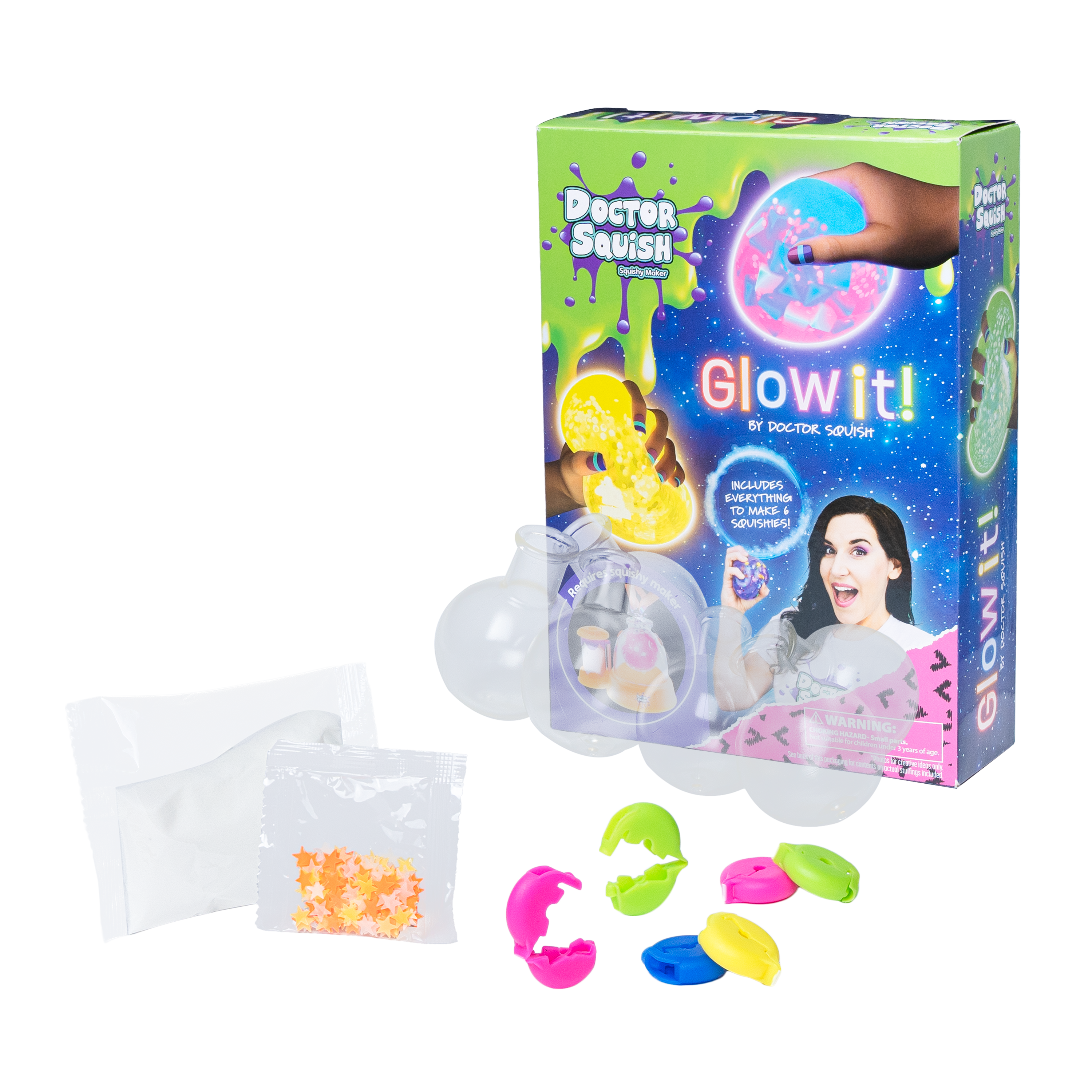 The Doctor Squish Squishy Pack Refill, Glow-It Edition features a colorful box, glow-in-the-dark squishies, clear spheres, powder packets, star confetti, and colorful capsules all displayed on a white background.