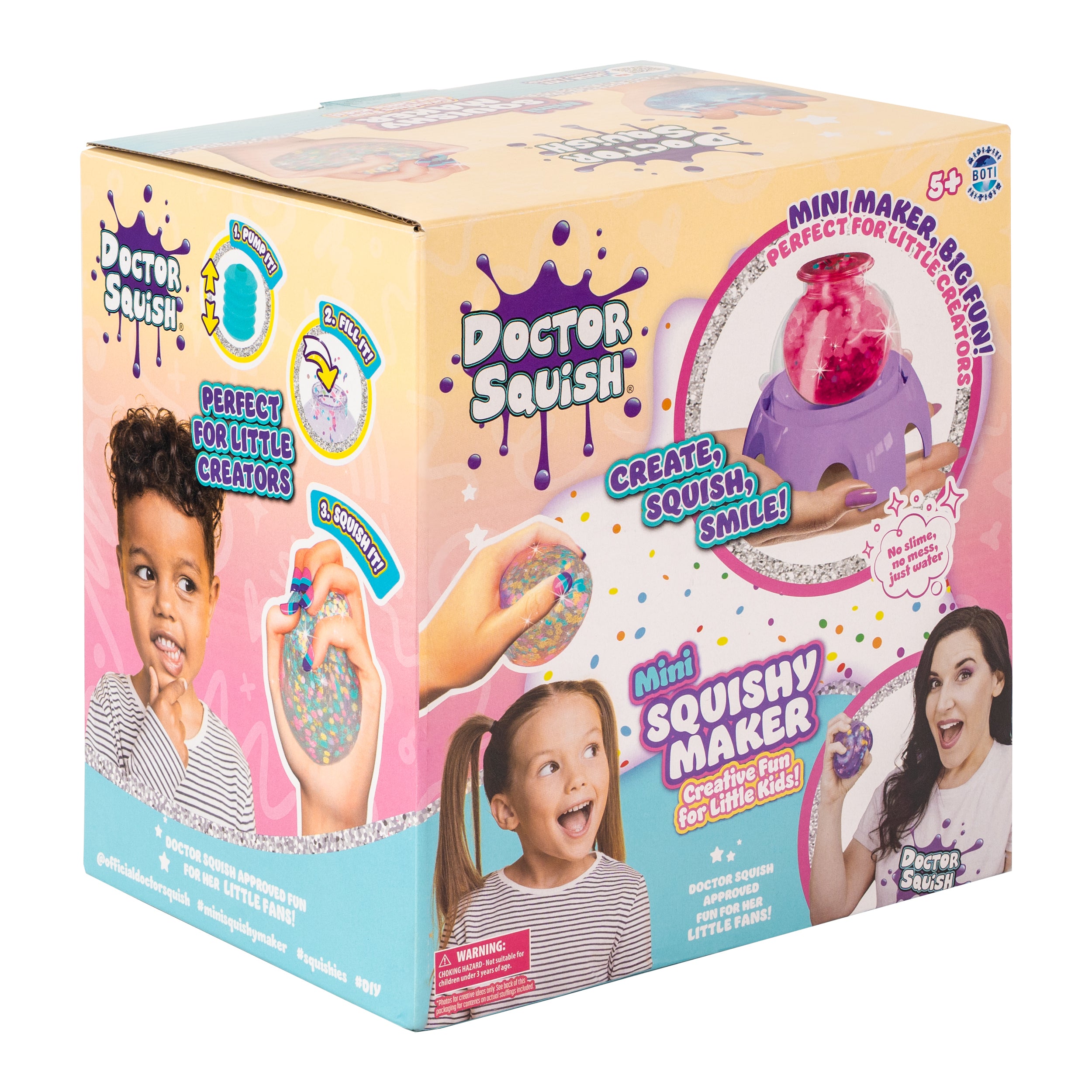 A colorful Doctor Squish Mini Squishy Maker Station box displays smiling kids, a woman, sensory toy images, and text highlighting creative squishy fun for little ones using slime powder.