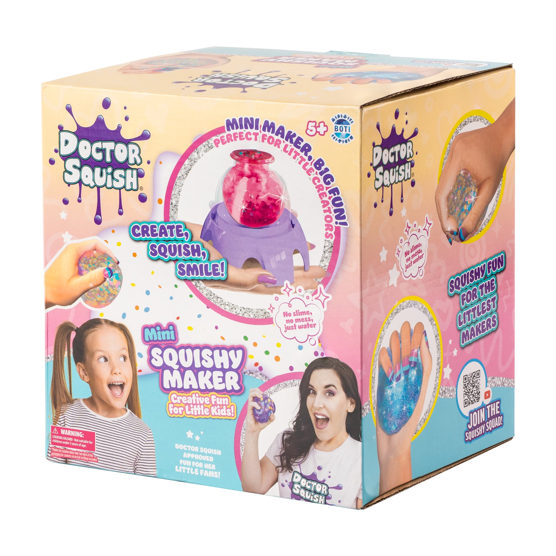 A vibrant box for the Doctor Squish Mini Squishy Maker Station showcases happy kids, sensory toys, and easy instructions. The packaging promotes creative squishy fun with slime powder for children ages 3 and up.