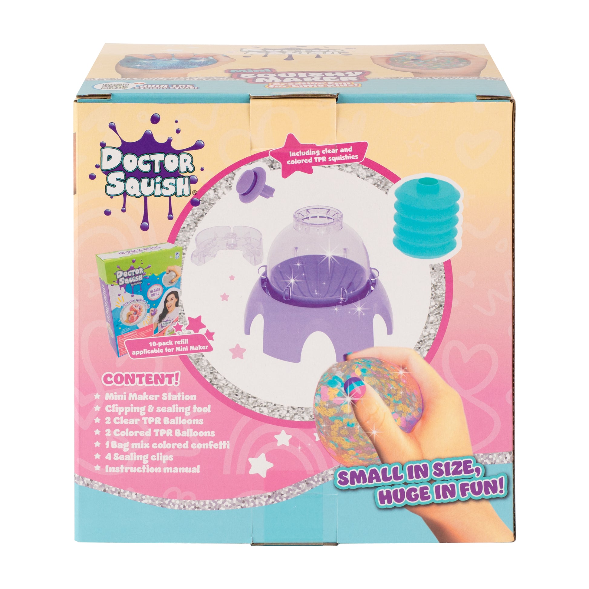 The Doctor Squish Mini Squishy Maker Station packaging displays product images, slime powder, kit contents, and text reading "Small in size, huge in fun!" on a pink, blue, and purple themed background.