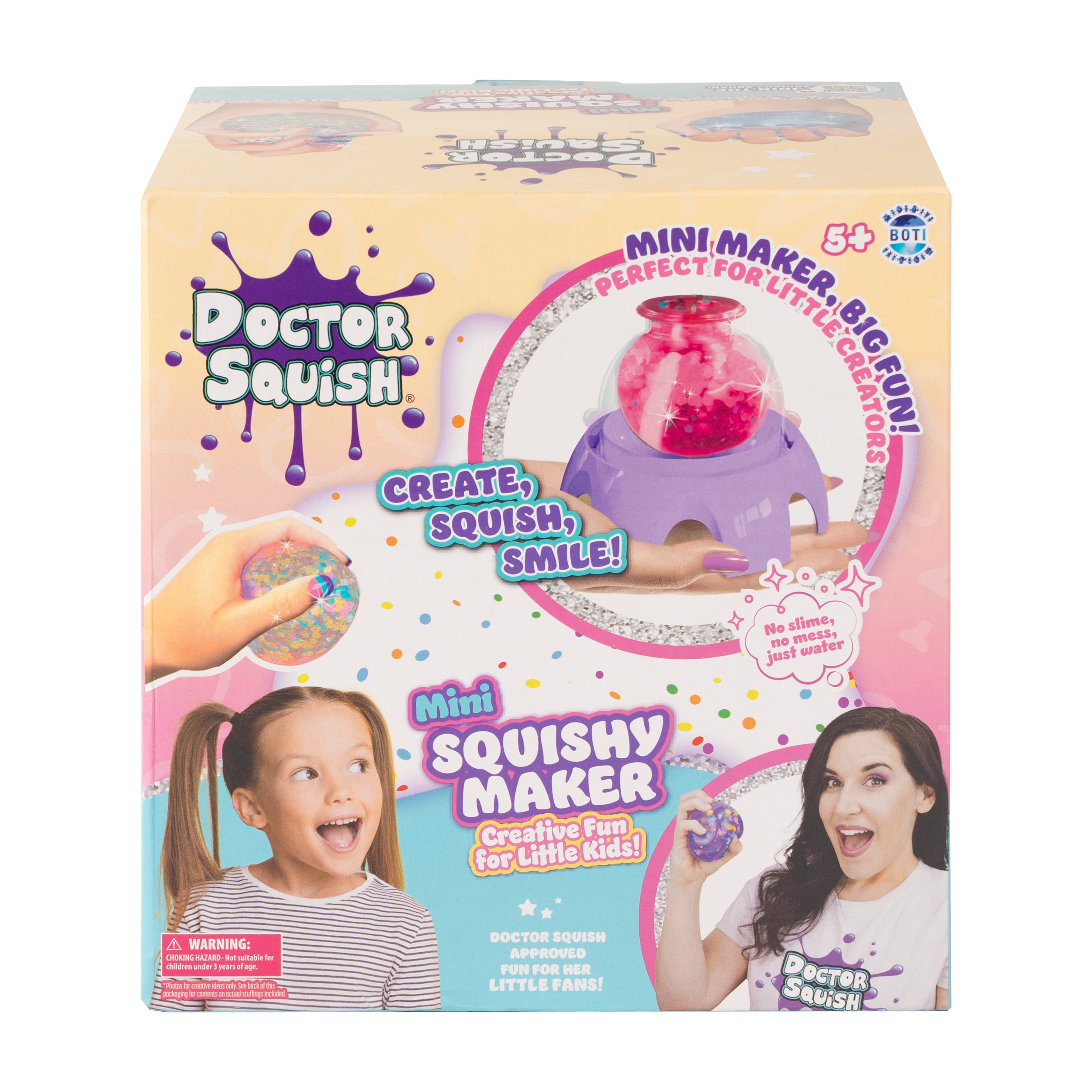 Box of the Doctor Squish Mini Squishy Maker Station shows the toy, bright mini squishies, and two happy kids playing. Text highlights “Create, Squish, Smile!” and encourages creative sensory fun for ages 5+.