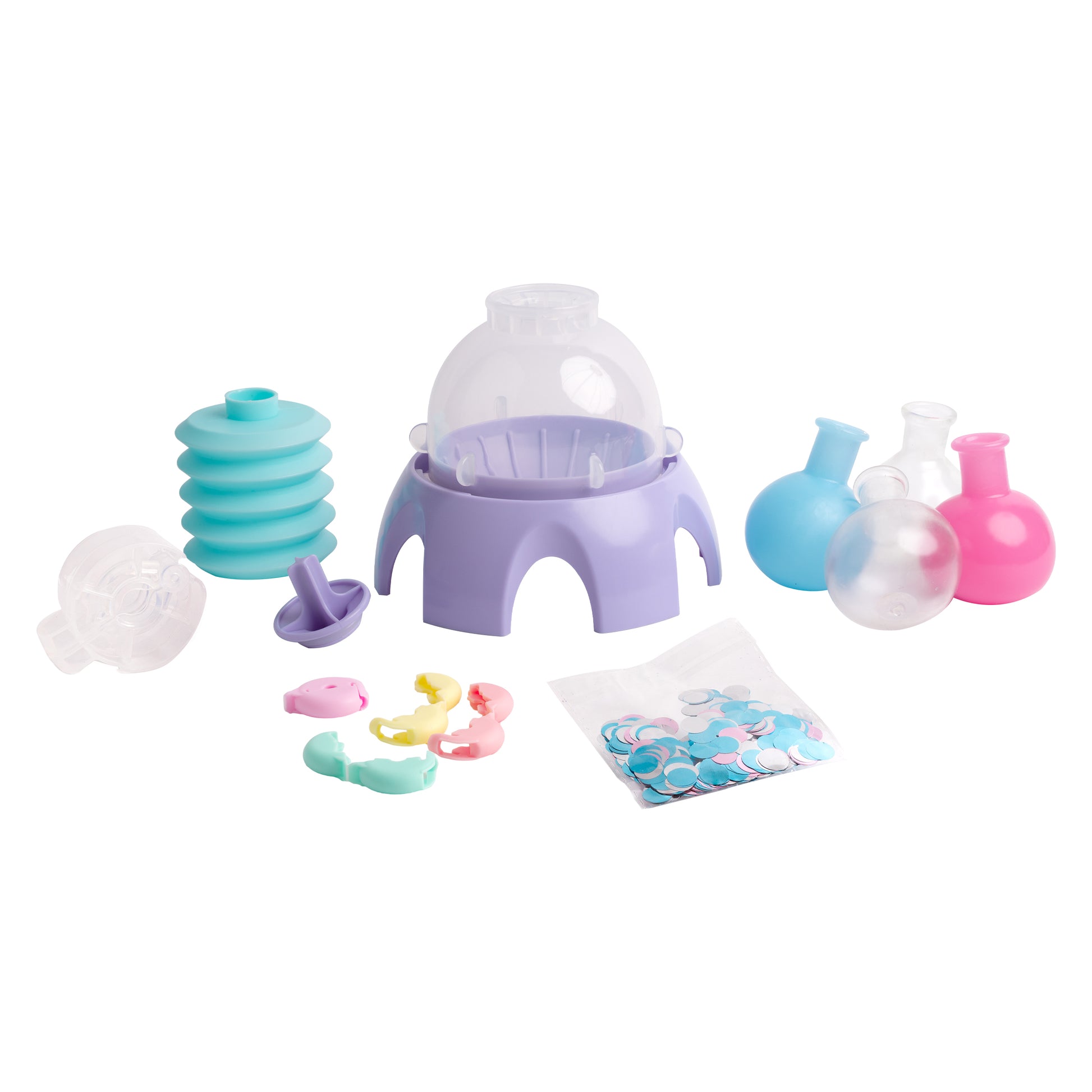 The Doctor Squish Mini Squishy Maker Station features a vibrant toy science set with a purple base, round flasks, teal accordion piece, pastel clips, slime powder, and tokens—perfect for sensory fun and making mini squishies.