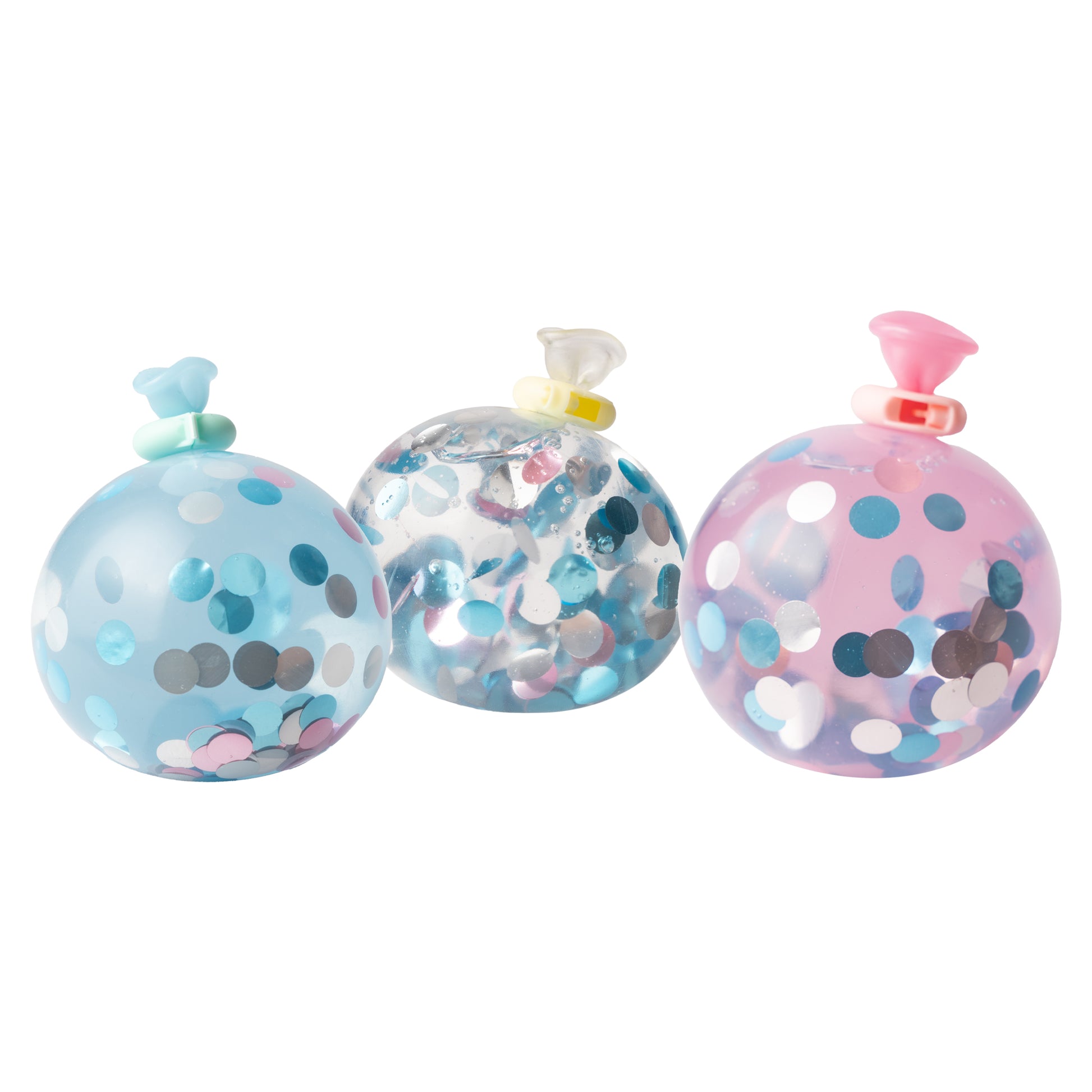 The Doctor Squish Mini Squishy Maker Station lets you create three round squishy toys filled with water and colorful confetti. Each blue, clear, and pink squishy features a matching rubber stopper for a fun sensory experience.