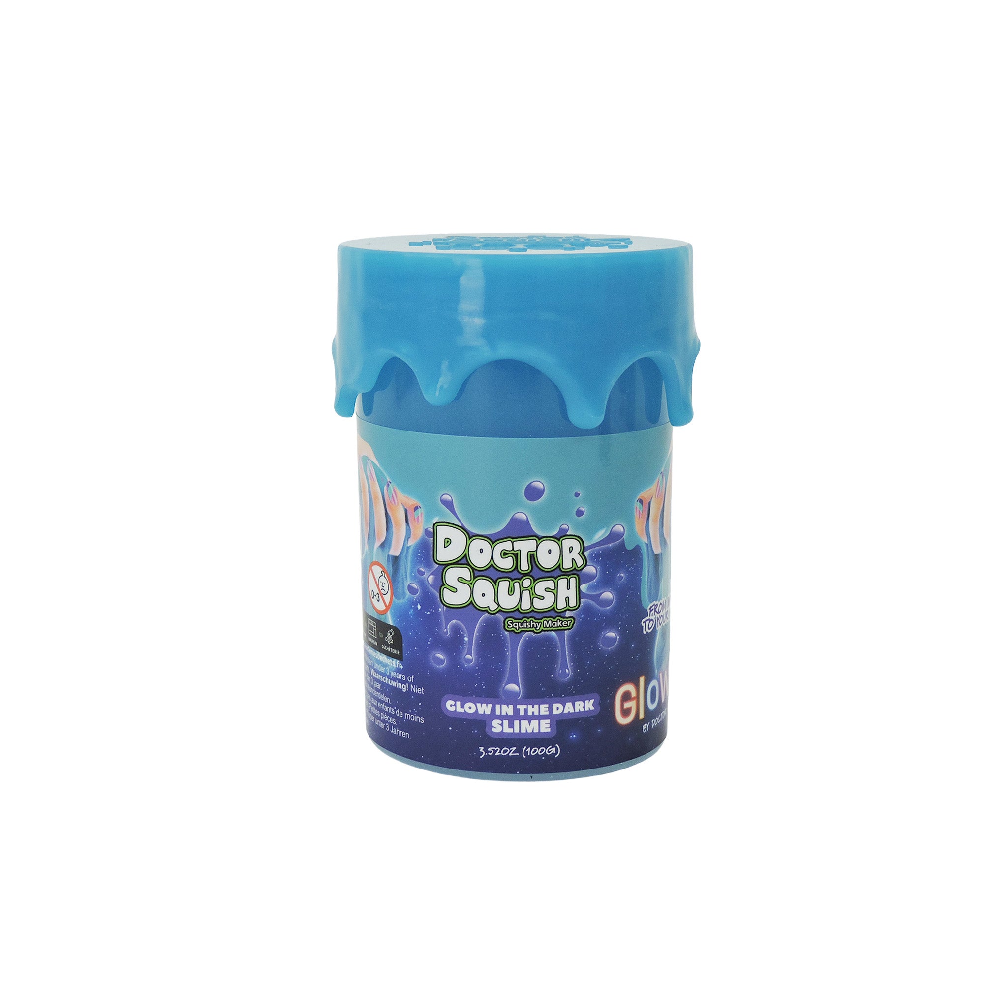 The Boti Doctor Squish Glow-In-The-Dark Slime features a blue color and lid, perfect for sensory play and fun with your Squishy Maker.