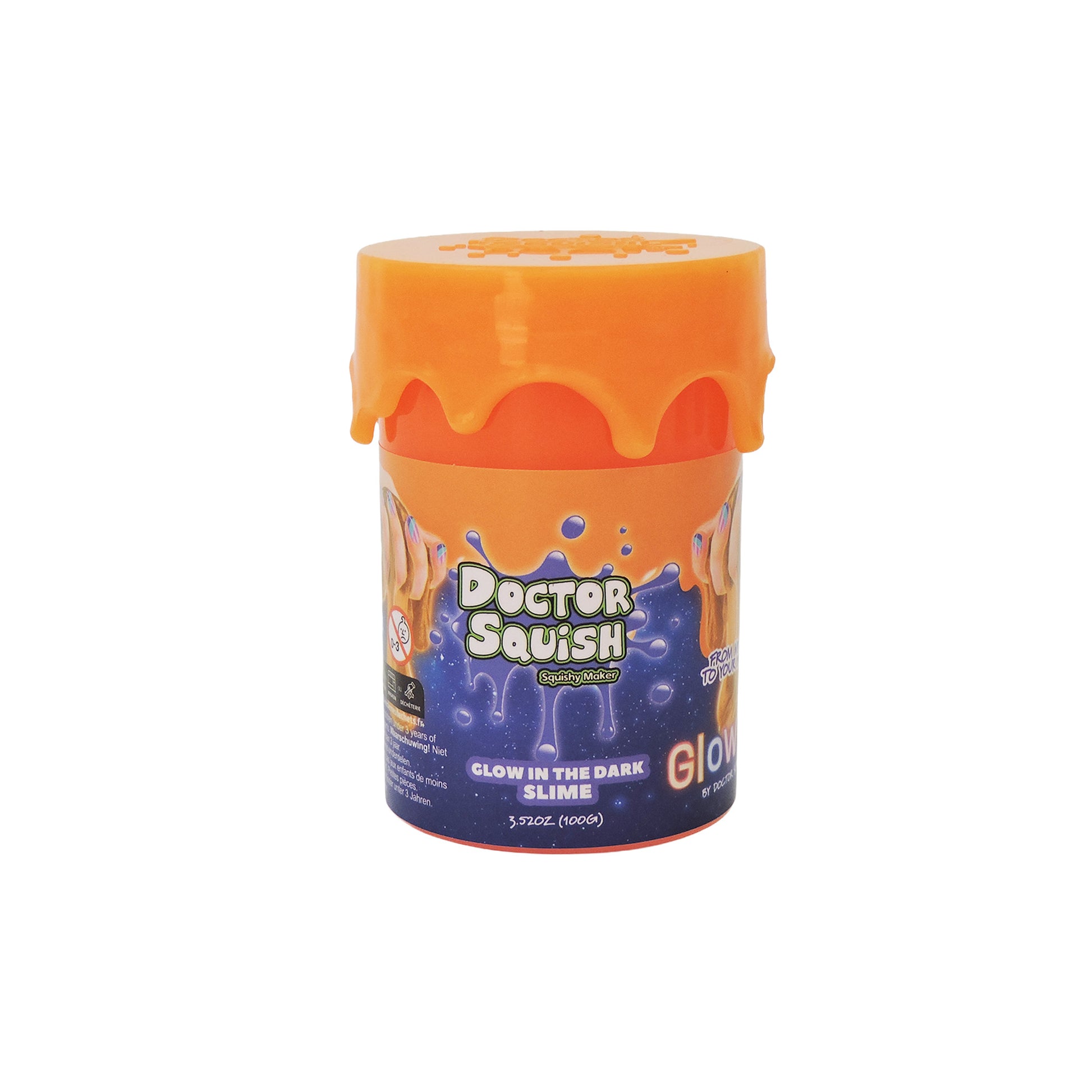 A container of Boti's Doctor Squish Glow-In-The-Dark Slime for sensory play, featuring an orange drip-effect lid and a blue label decorated with stars and slime graphics.