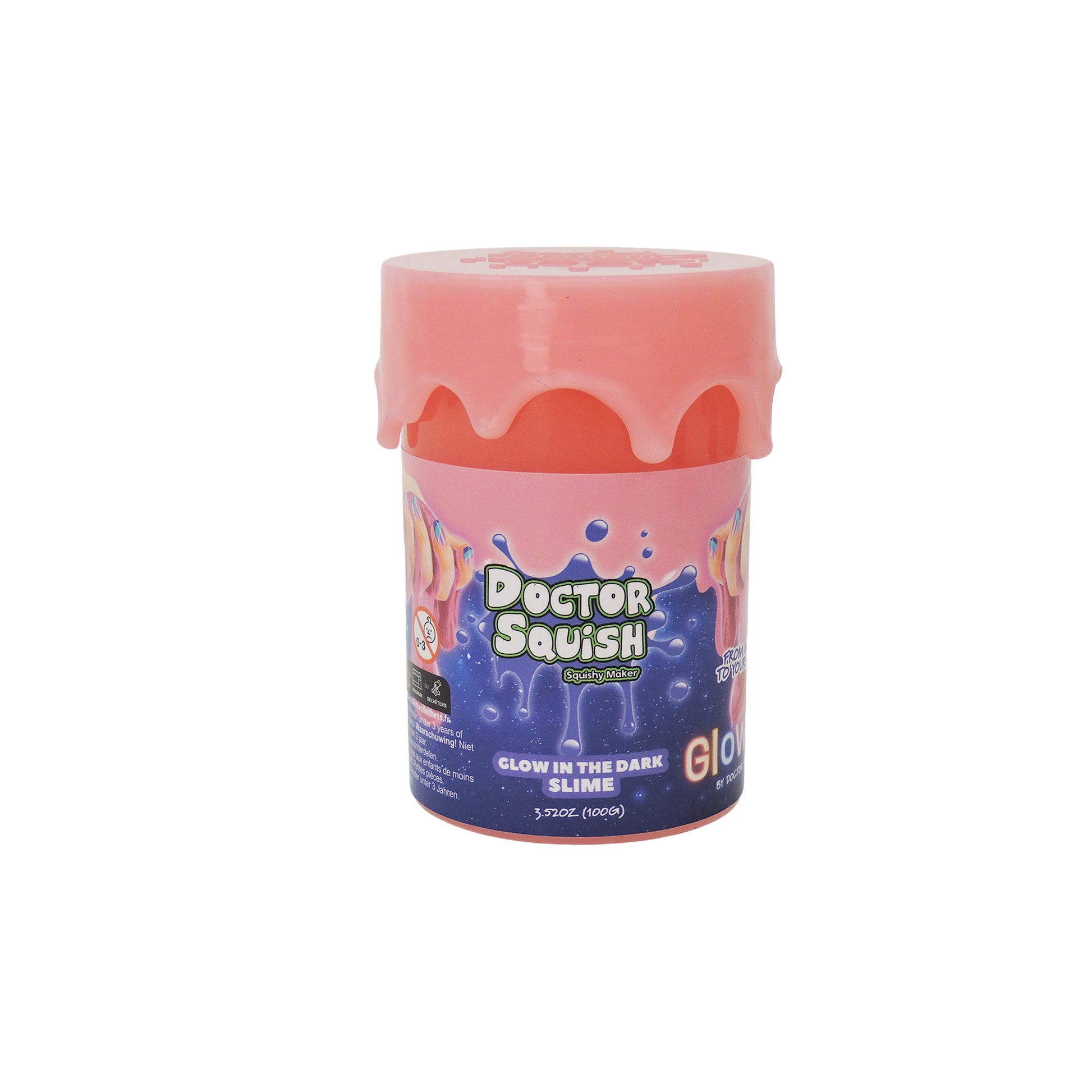 A 5.7 oz container of Boti Doctor Squish Glow-In-The-Dark Slime features a pink, drippy lid and a purple label with glowing effects and the product name—perfect for sensory play.