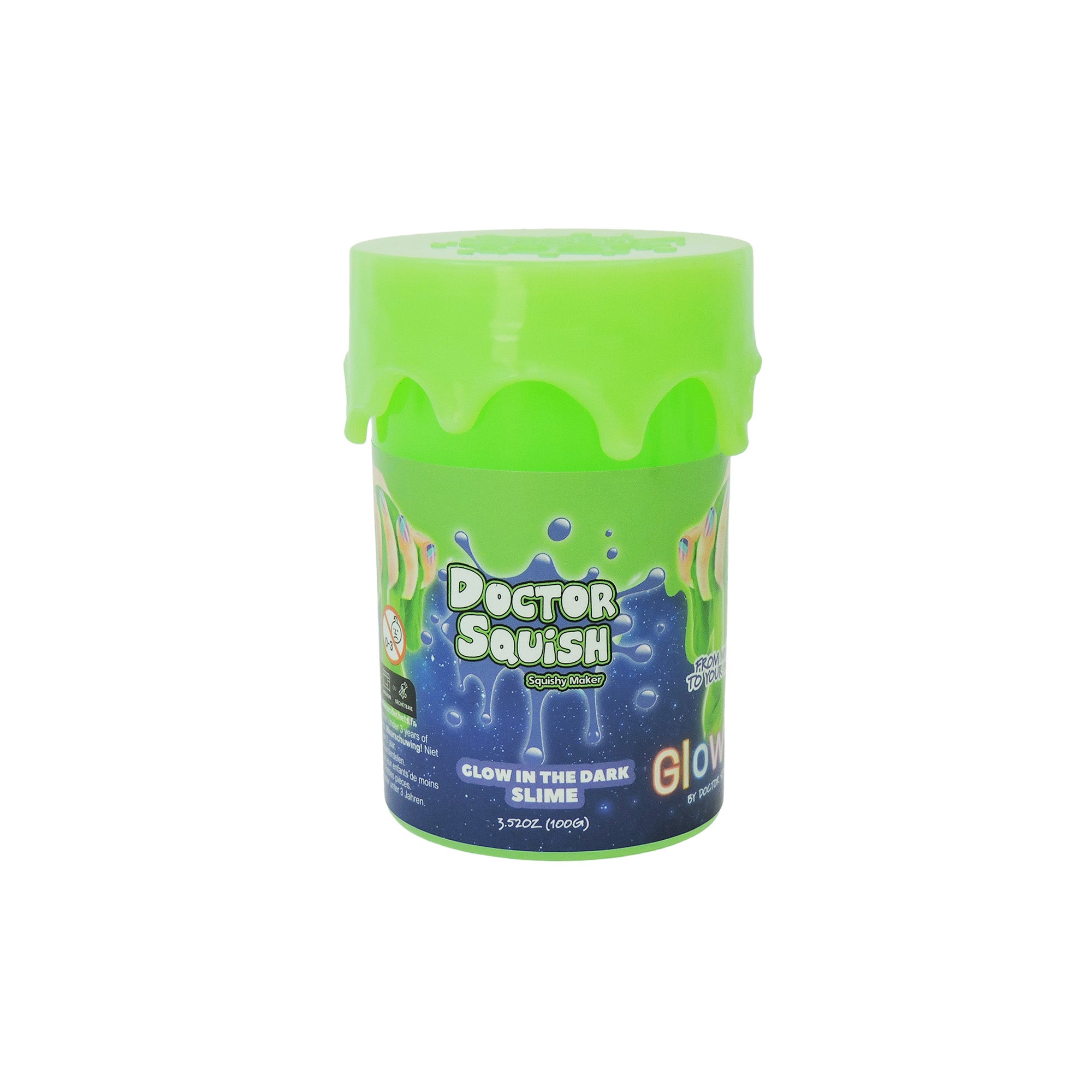A bright green 5.7 oz (160g) container of Boti Doctor Squish Glow-In-The-Dark Slime, featuring a drippy lid and colorful slime graphics—perfect for sensory play and glowing fun.
