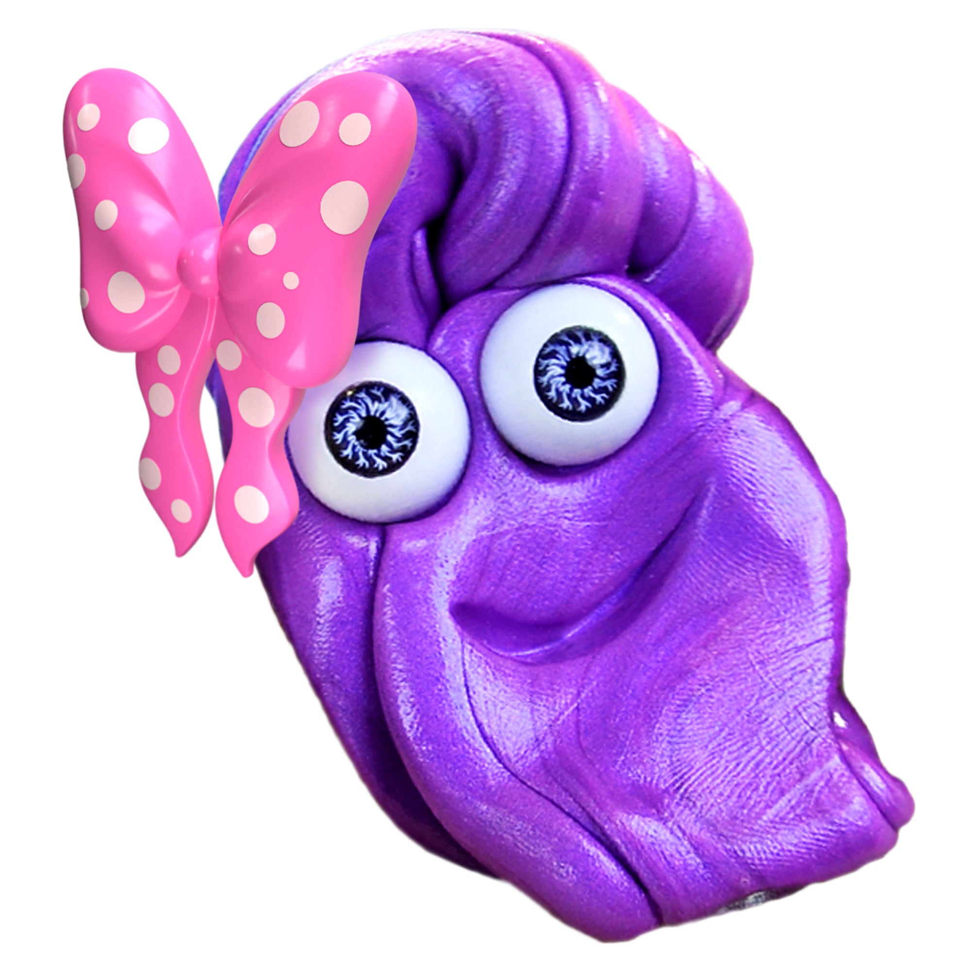 The Doctor Squish Putty Buddies by Boti features a cartoonish purple tongue character with big googly eyes, a smiling mouth, and a pink bow with white polka dots on its upper left side, set against a white background.