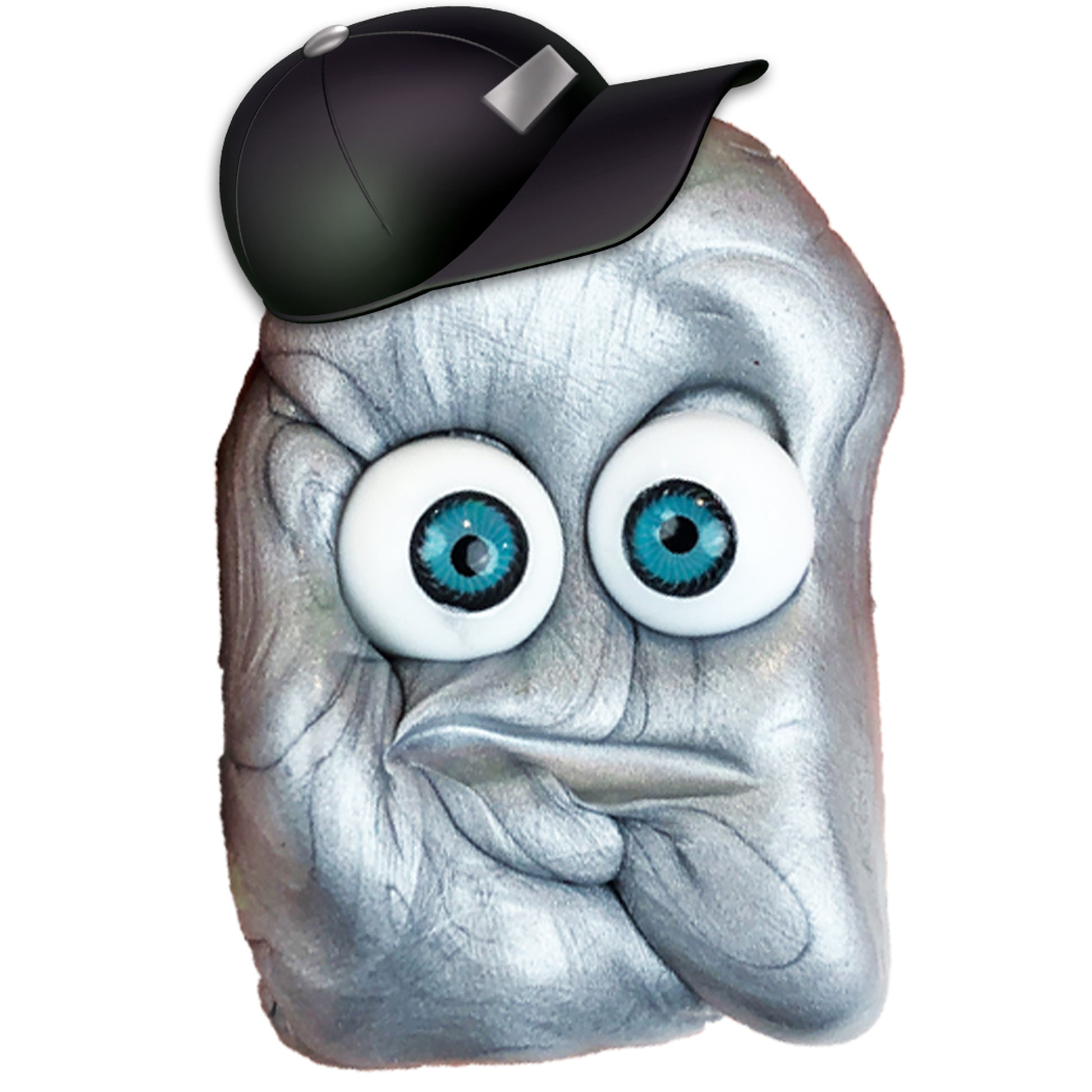 A fun, colorful putty character with cartoon eyes, a black baseball cap, and a silly face—just like Boti's Doctor Squish Putty Buddies!.