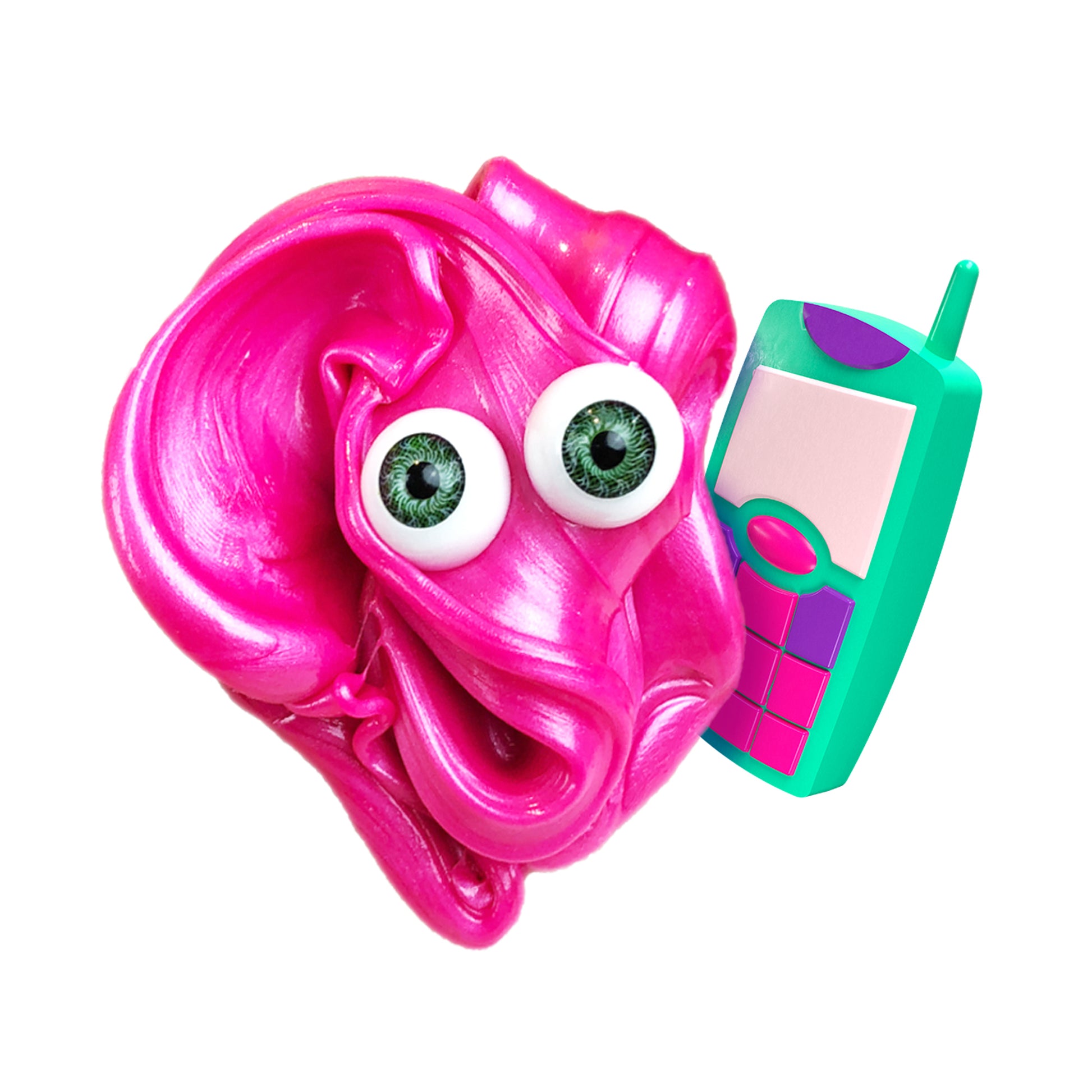 A bright pink Doctor Squish Putty Buddies toy by Boti, featuring two large green googly eyes, smiles while holding a colorful cartoon cell phone against a plain white background.