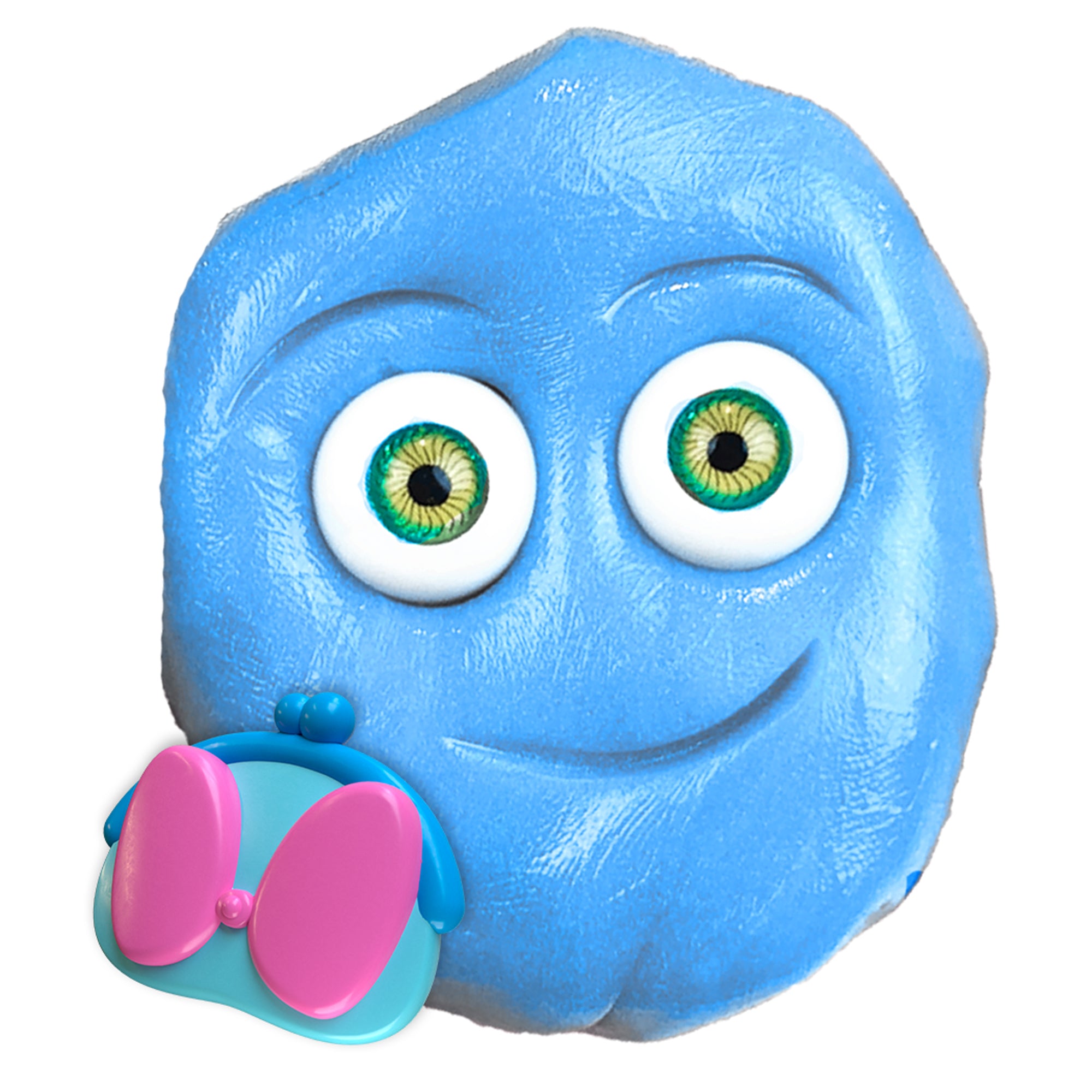 A cheerful, blue, round Doctor Squish Putty Buddies face by Boti with big green eyes and a friendly smile sits beside a small blue piece with pink ear-like shapes—perfect, squishy characters for colorful putty fun.