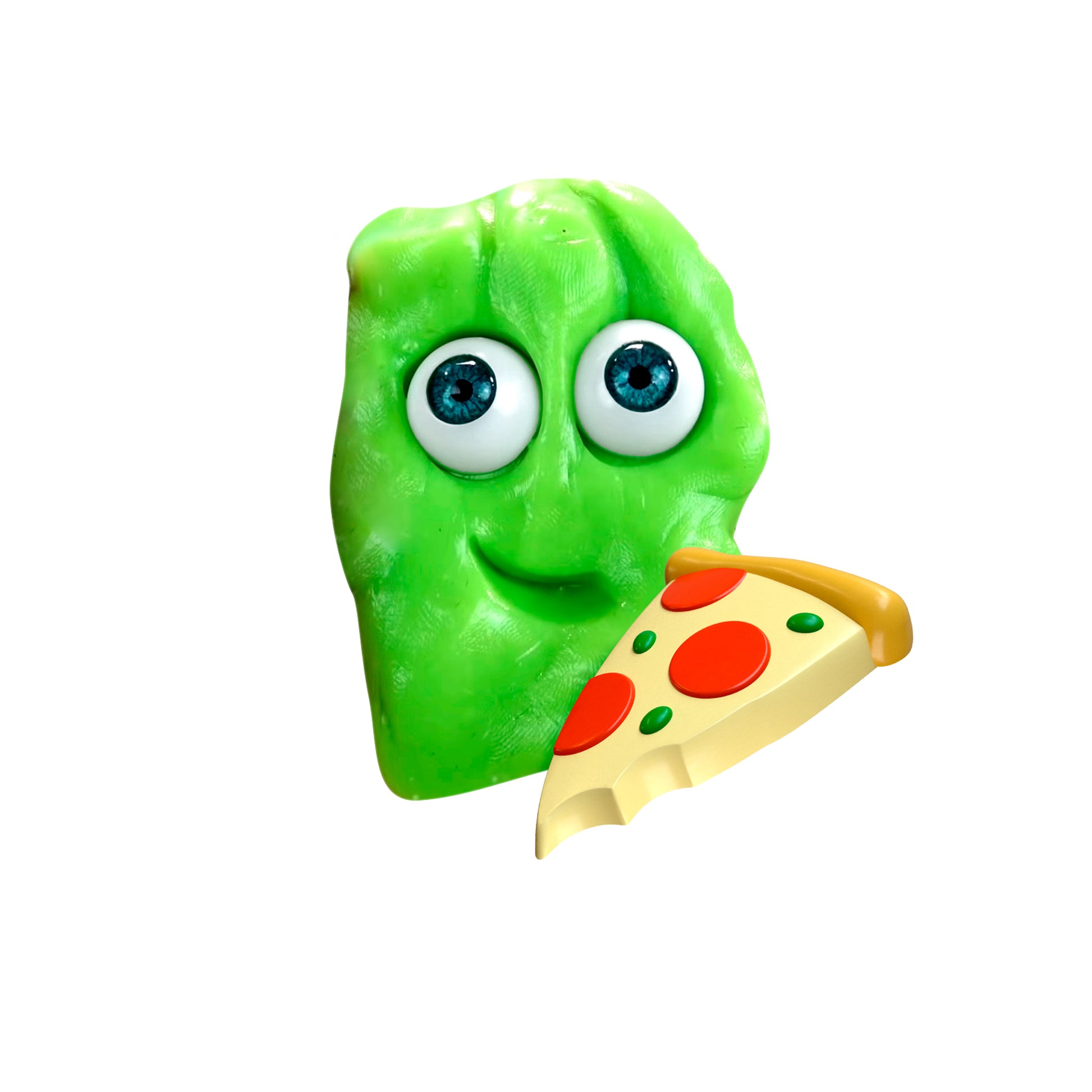 A green, cartoonish Doctor Squish Putty Buddies character by Boti with big blue eyes and a smiling face holds a pepperoni and cheese pizza slice on a white background.