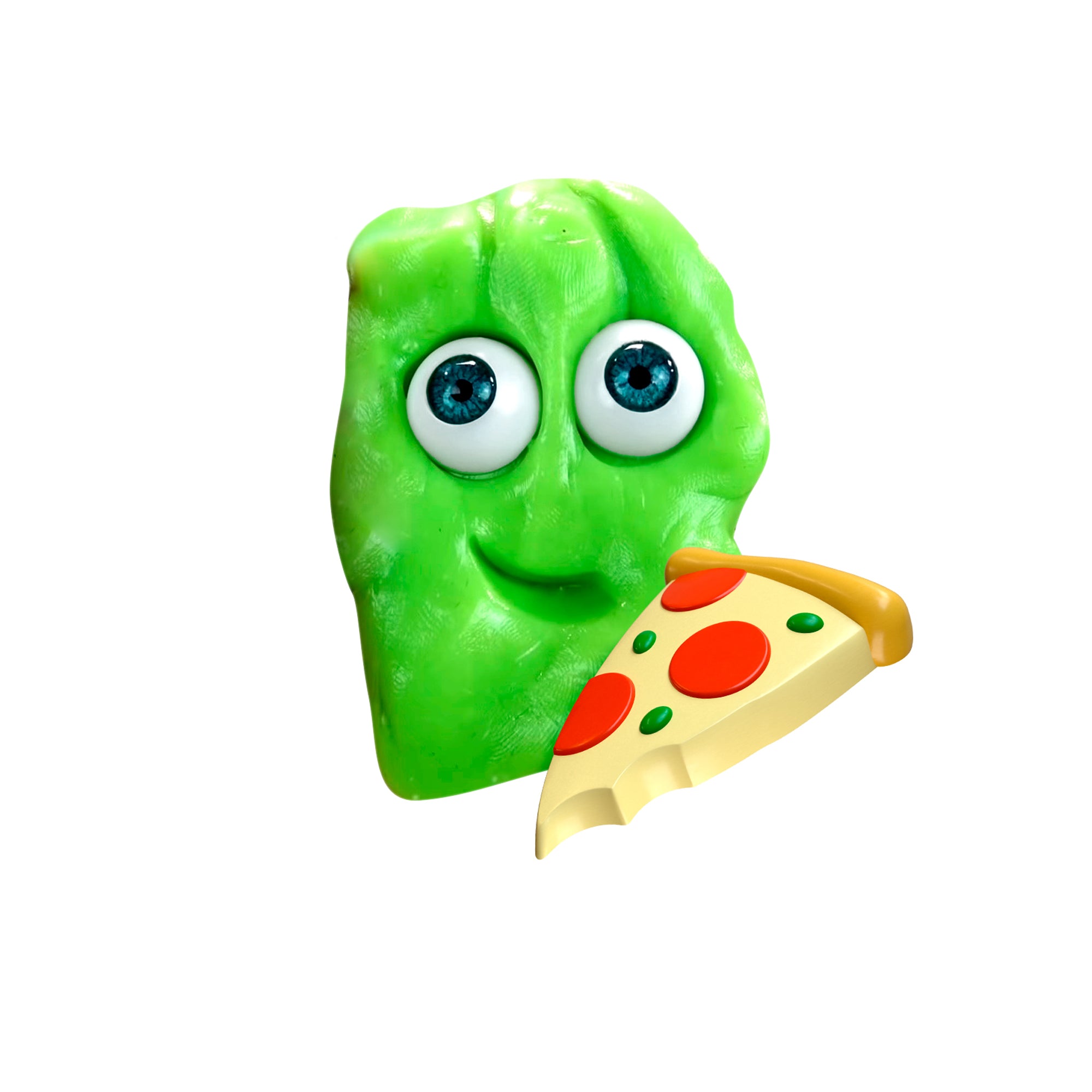 A green, cartoonish Doctor Squish Putty Buddies character by Boti with big blue eyes and a smiling face holds a pepperoni and cheese pizza slice on a white background.