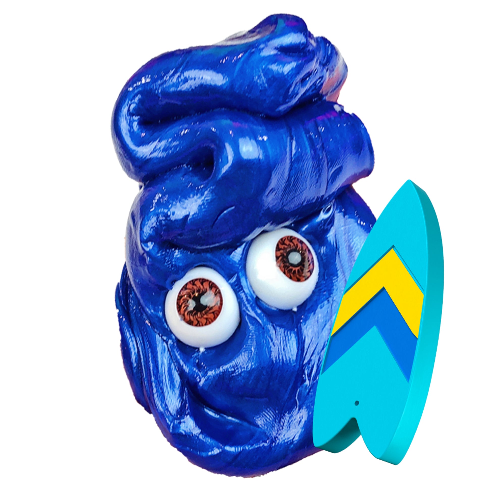 A shiny blue putty from Boti’s Doctor Squish Putty Buddies, shaped like a face with wide cartoon eyes and paired with a small blue and yellow surfboard, is displayed on a white background.
