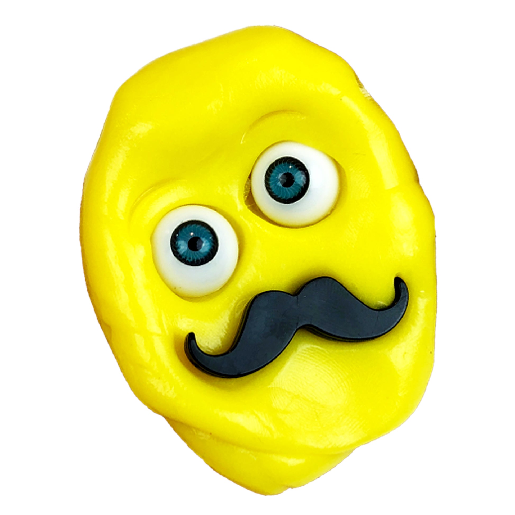 The Doctor Squish Putty Buddies by Boti features a yellow oval clay face with big blue-and-white eyes and a black mustache, set against a white background.